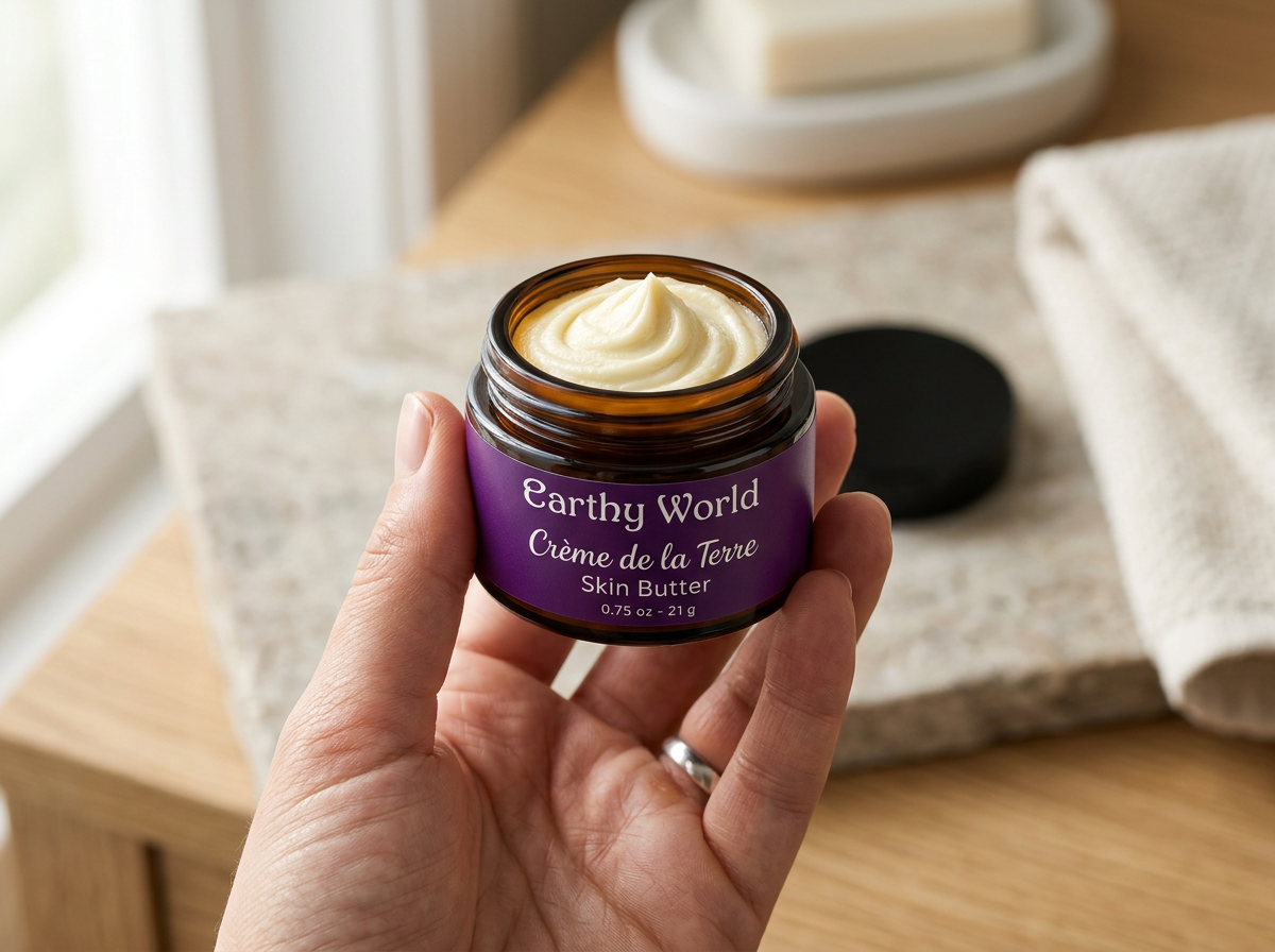 Handheld open jar of crème de la Terre.