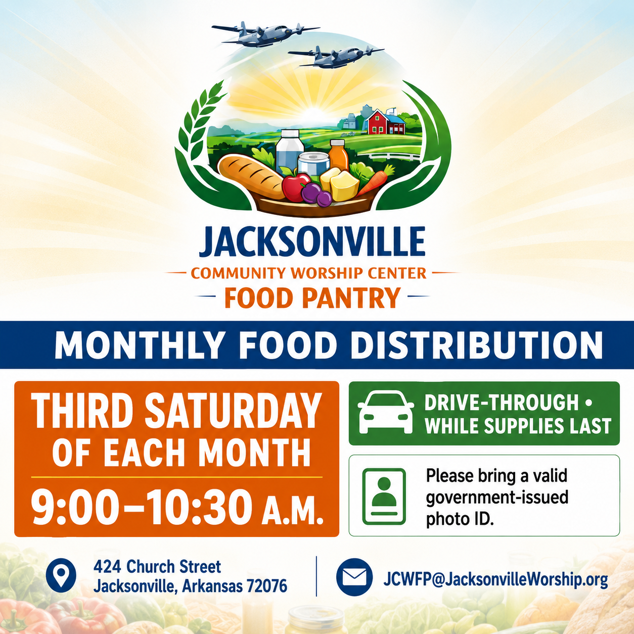 Jacksonville Community Worship Center monthly food distribution flyer.