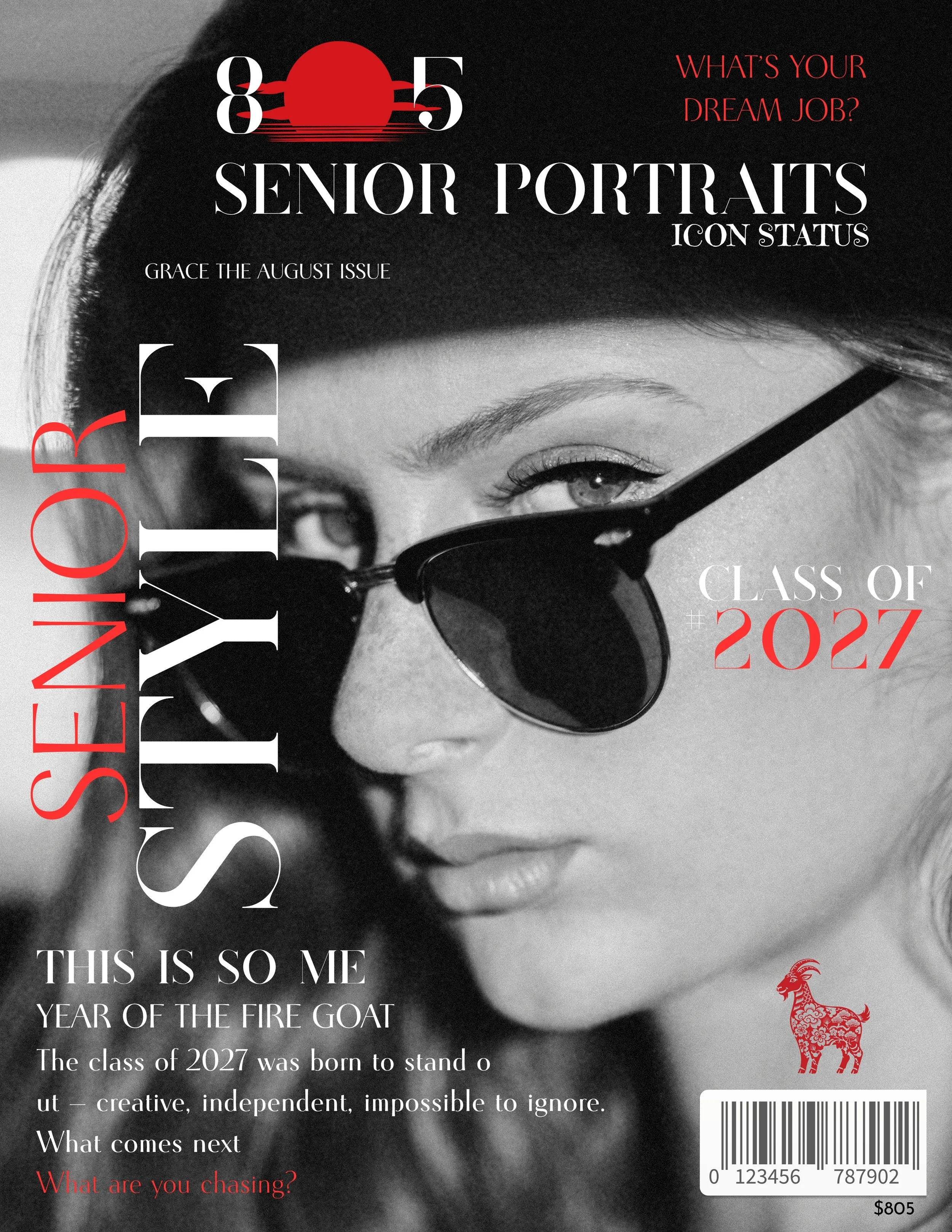 Cover of Elle magazine, August 2023 issue featuring a black-and-white close-up of a woman wearing sunglasses and looking over the top. Text includes headlines about senior portraits, class of 2027, and a barcode at the bottom right.