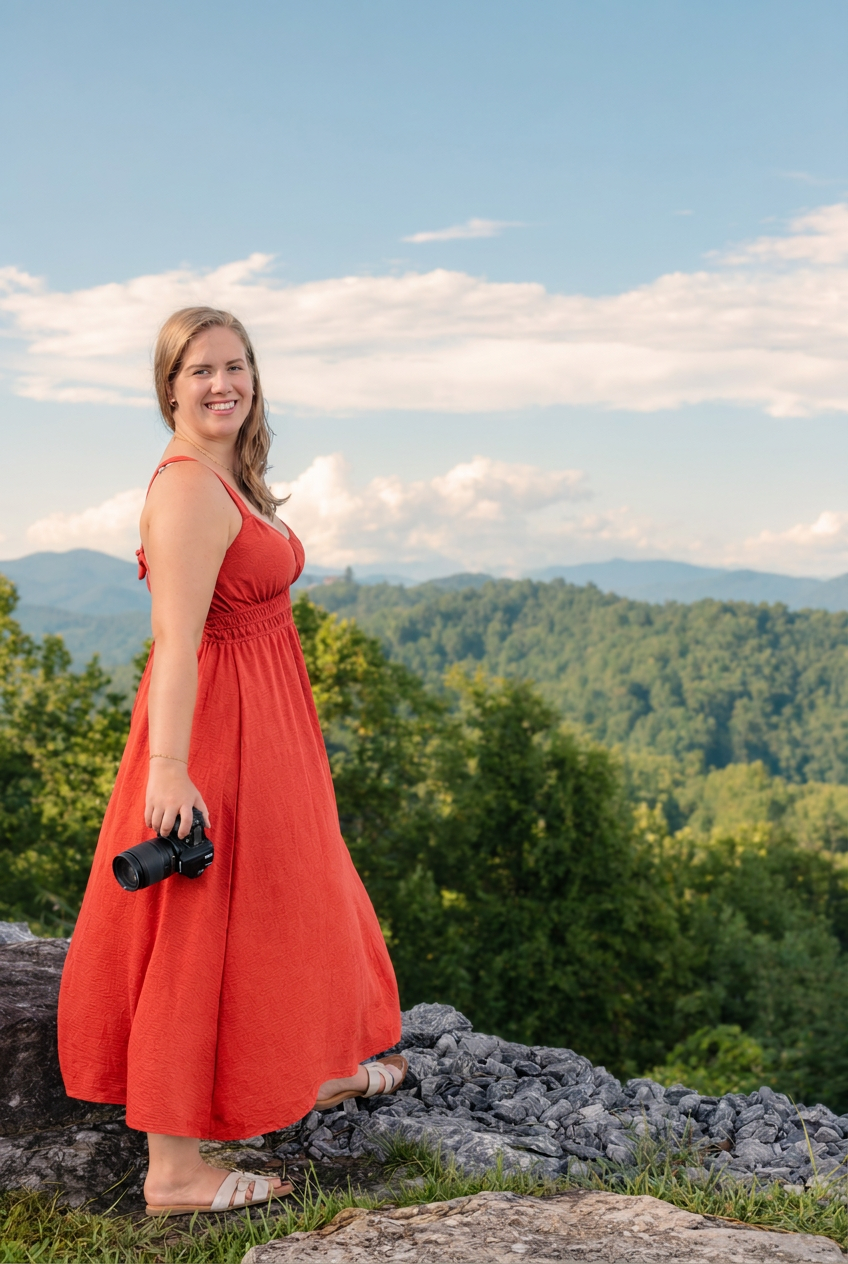 A smiling woman in a red maxi dress standing on rocks outdoors, holding a camera with a scenic view of mountains and trees in the background.