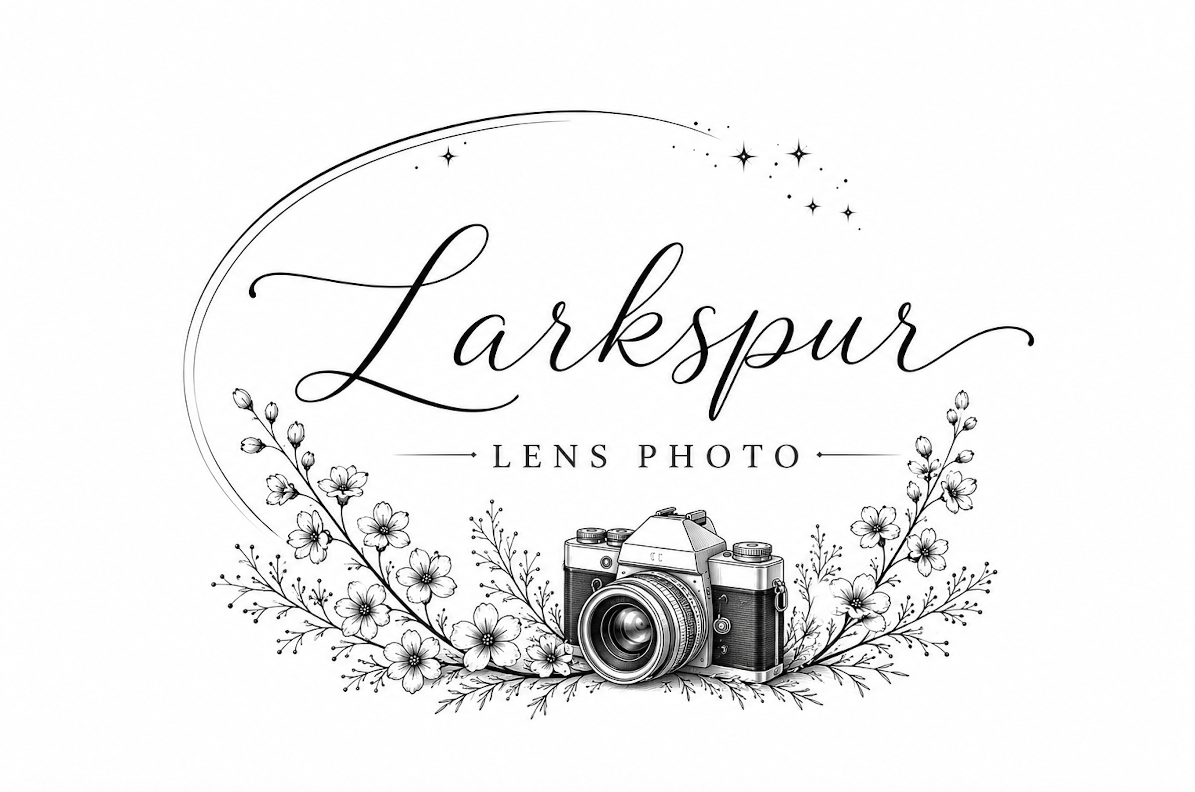 Black and white logo for Larkspar Lens Photo featuring a vintage camera surrounded by floral illustrations, with stars and the text 'Larkspar' in cursive.