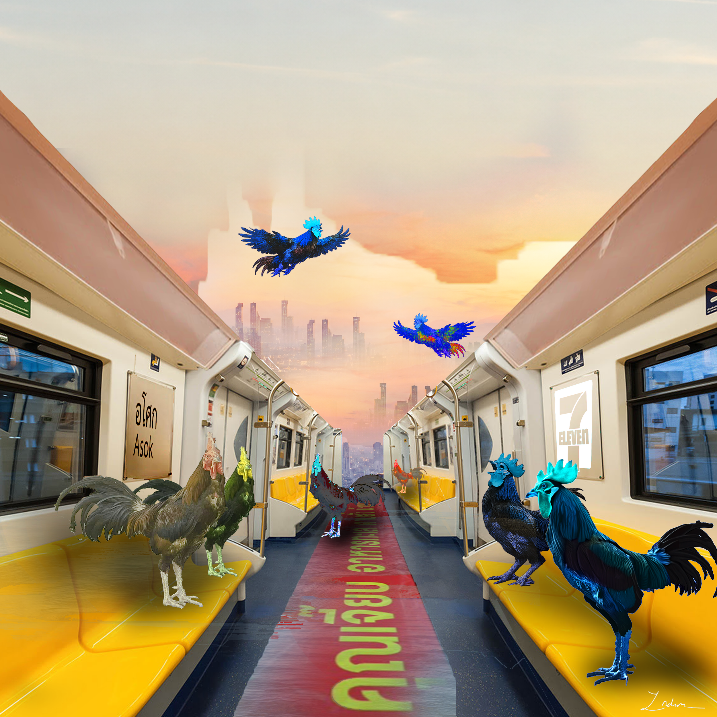 Interior of a train with digital animations of colorful fantasy birds on the ceiling and floor, depicting a sunset skyline through the windows.
