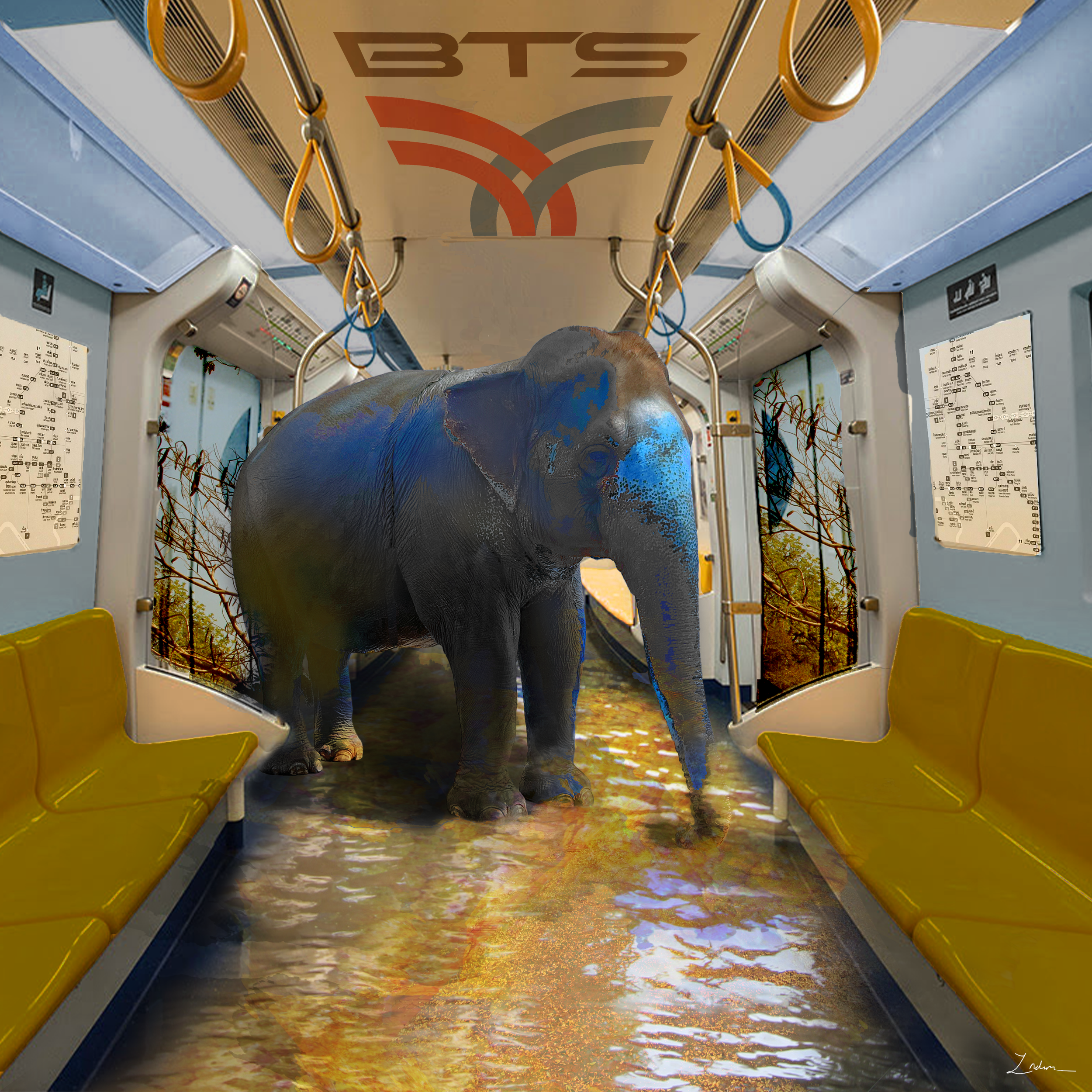 Inside a bus or train, with yellow handrails and yellow handles hanging from the ceiling, and a flooded floor with autumn leaves.