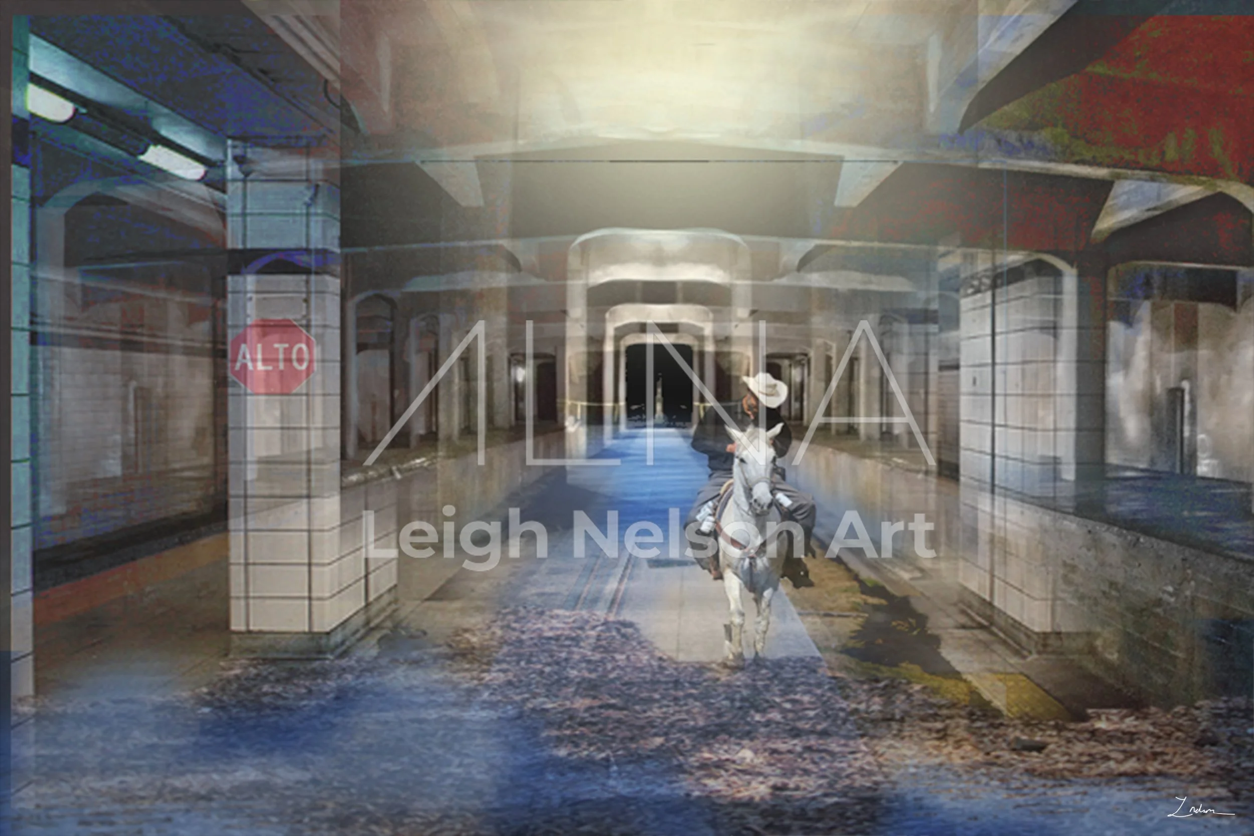 A person riding a horse in an indoor train station with arched ceilings, glass display cases, and a stop sign. The scene has a layered, double-exposure effect.