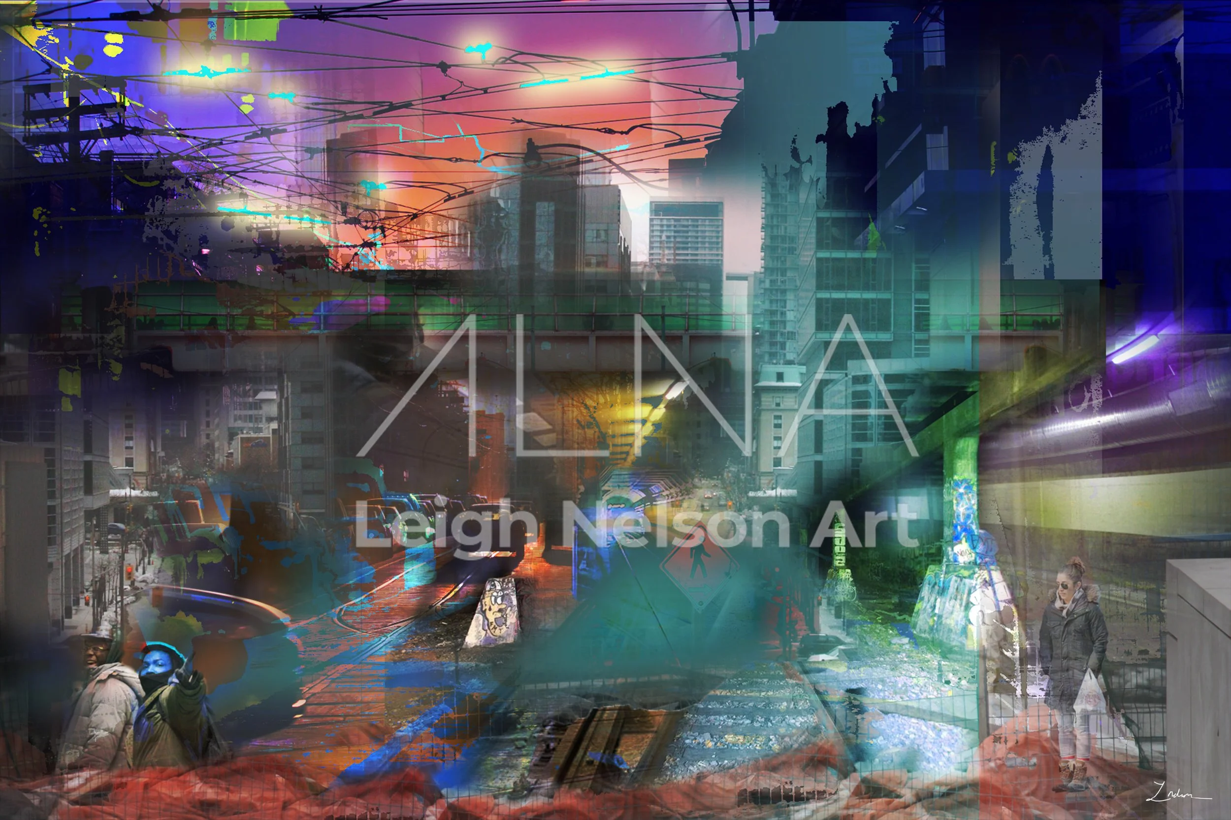 A city street scene at sunset with tall buildings, traffic, and overhead wires, overlaid with colorful abstract digital artwork, text reading 'LENA' and 'Freight Nelson Art', and people walking on the sidewalk.
