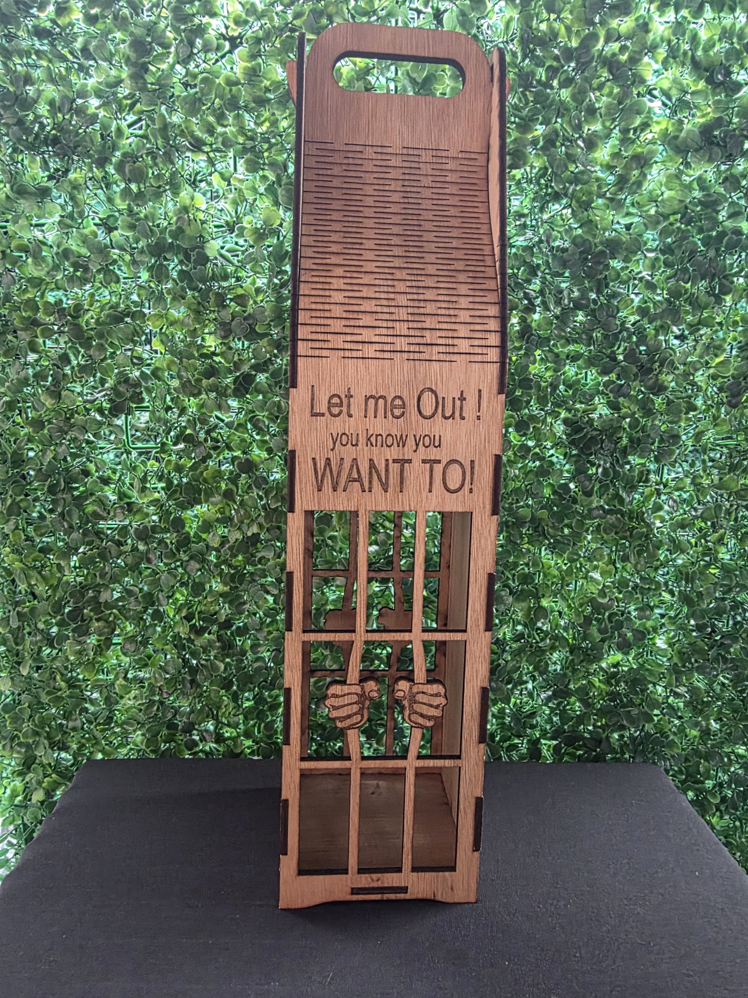 Let Me Out Wooden Bottle Gift Holder