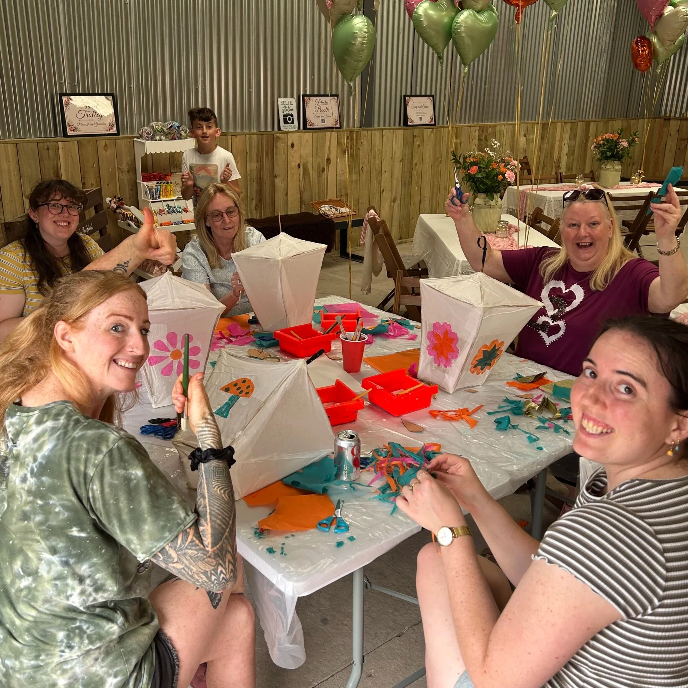 Hen party group enjoying a creative lantern-making workshop with CreatingART.