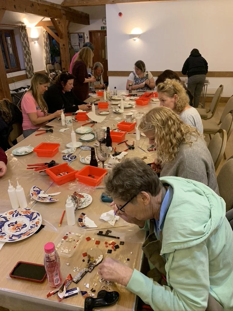 Private group taking part in a Vintage China Mosaic art and craft workshop with CreatingART in Wales.