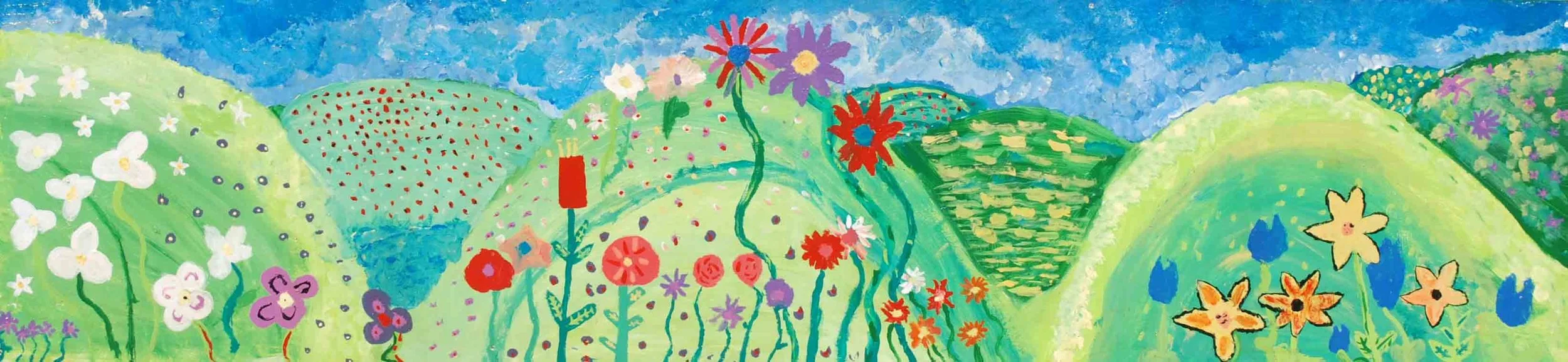 Colorful, childlike painting of a vibrant spring landscape with rolling green hills, various flowers, butterflies, and a blue sky.