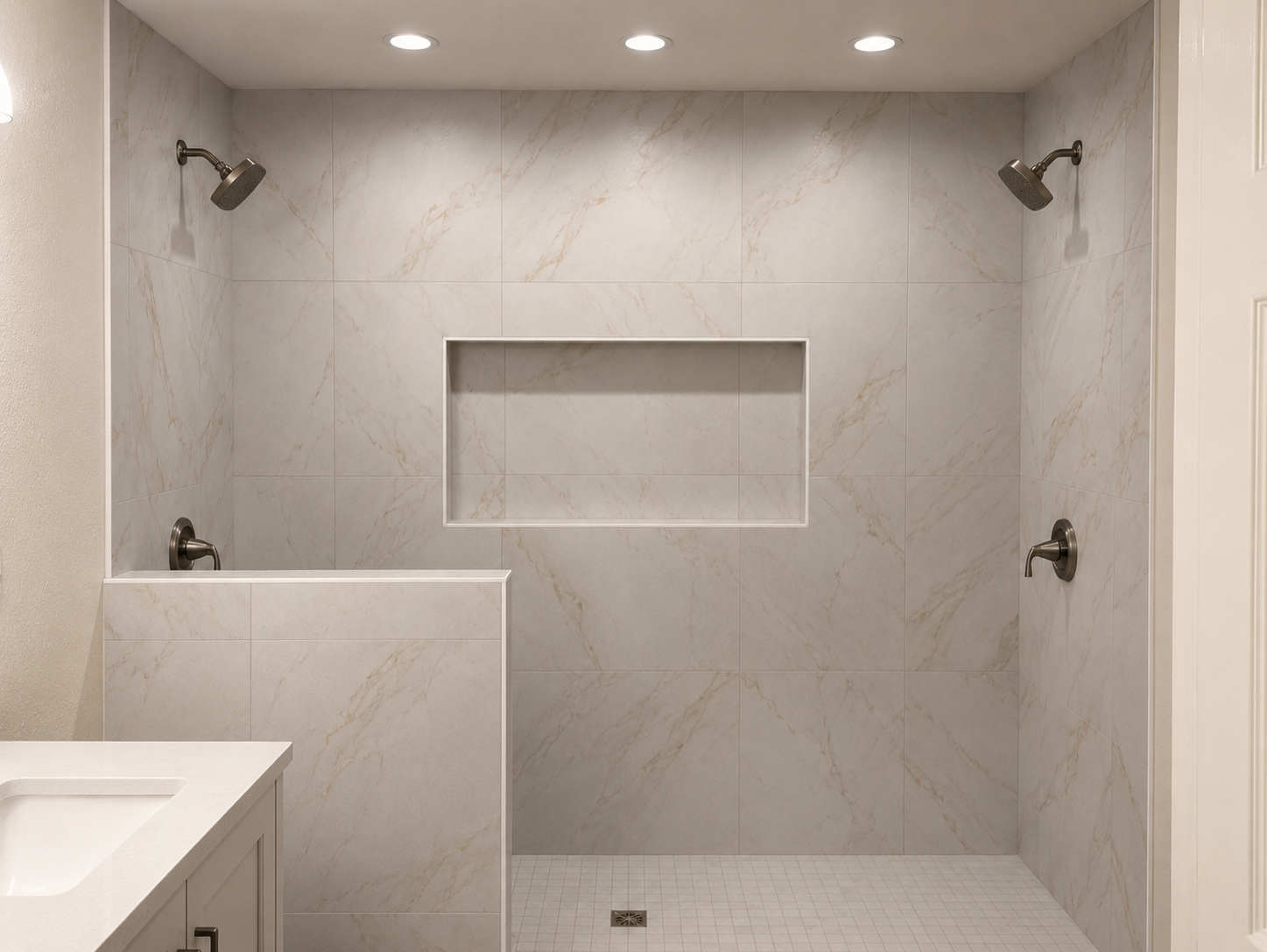 A modern walk-in shower with beige marble tiles, two overhead showerheads, a built-in wall niche, and a partial wall divider - a beautiful custom Des Moines, Iowa bathroom remodel