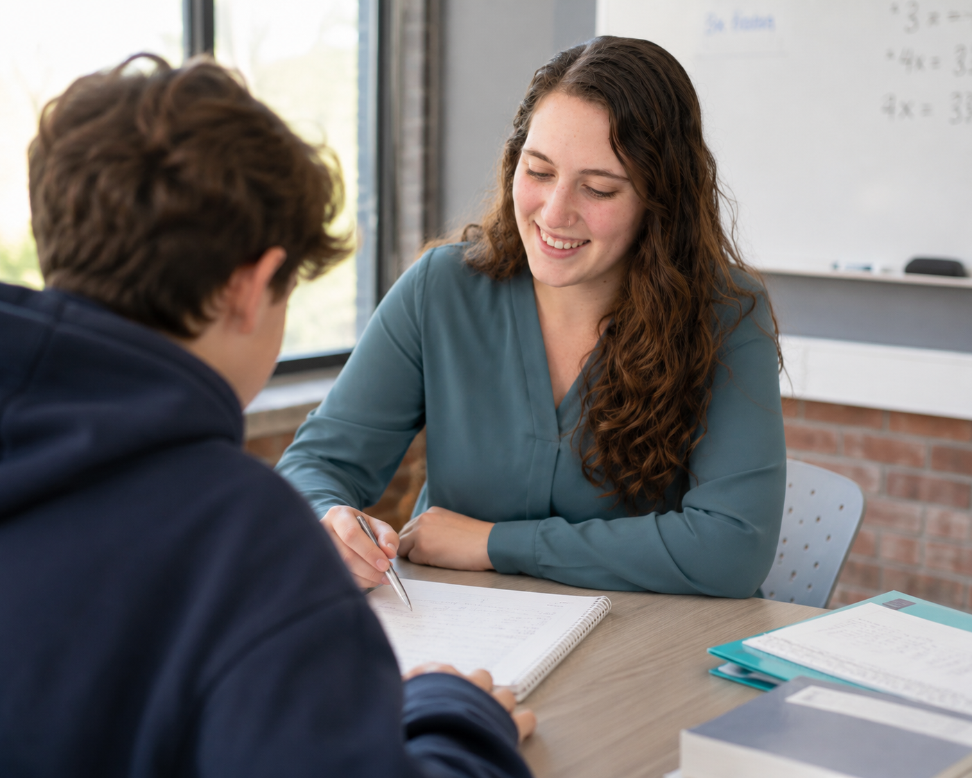 A young woman and a young man sitting at a desk in a classroom or office, engaged in a conversation. The woman is smiling and holding a pen, with notebooks and papers on the desk.