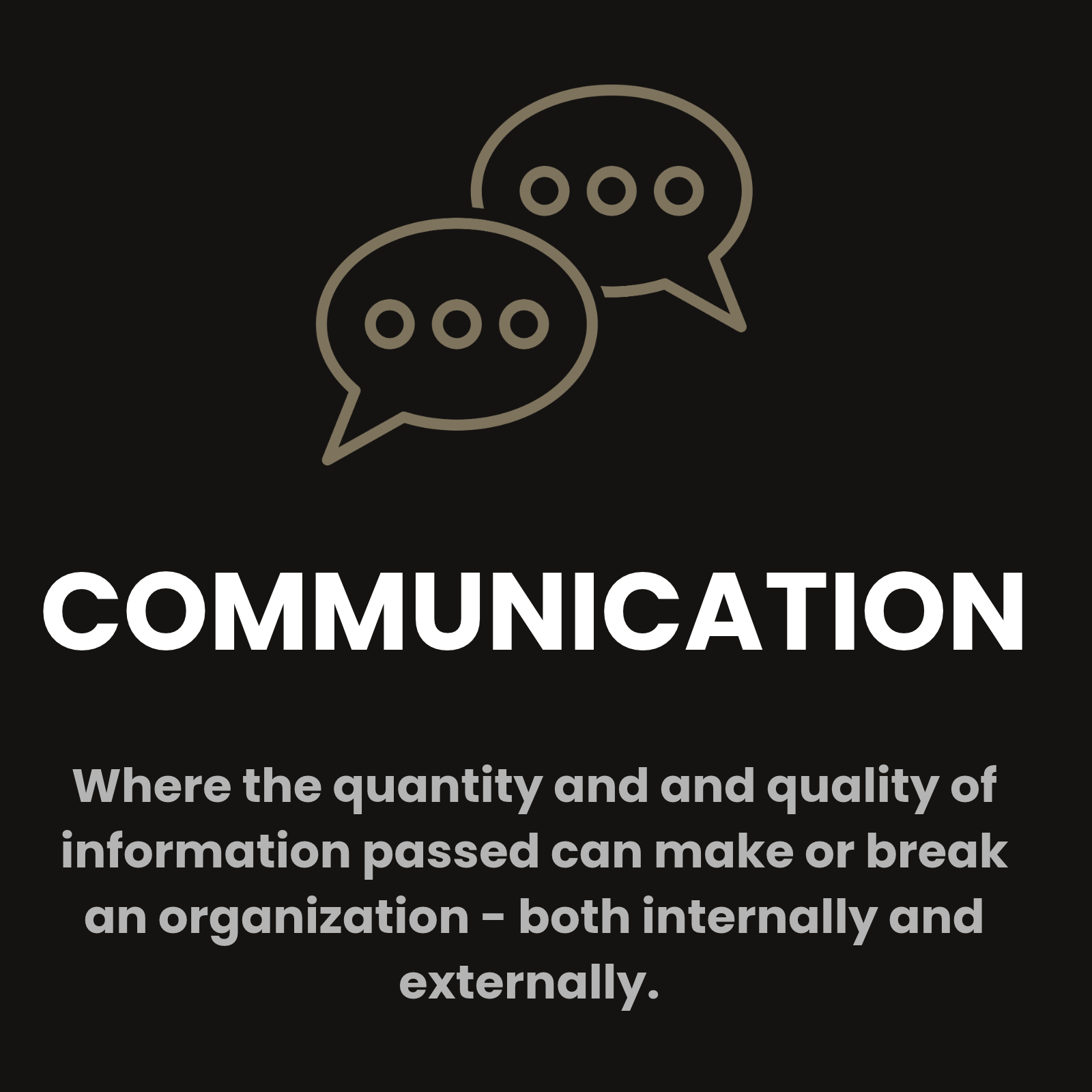 A black background with two beige speech bubbles above the word "COMMUNICATION" in large white letters. Smaller gray text below reads: "Where the quantity and quality of information passed can make or break an organization - both internally and externally."