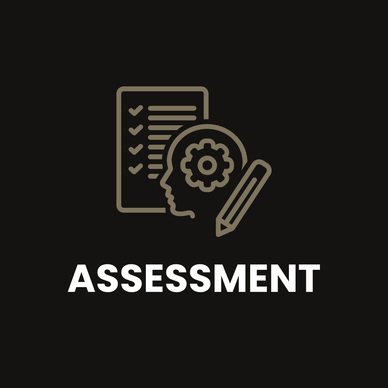 Line art icon of a human head with a gear inside, a checklist sheet, and a pencil, with the word 'Assessment' below.