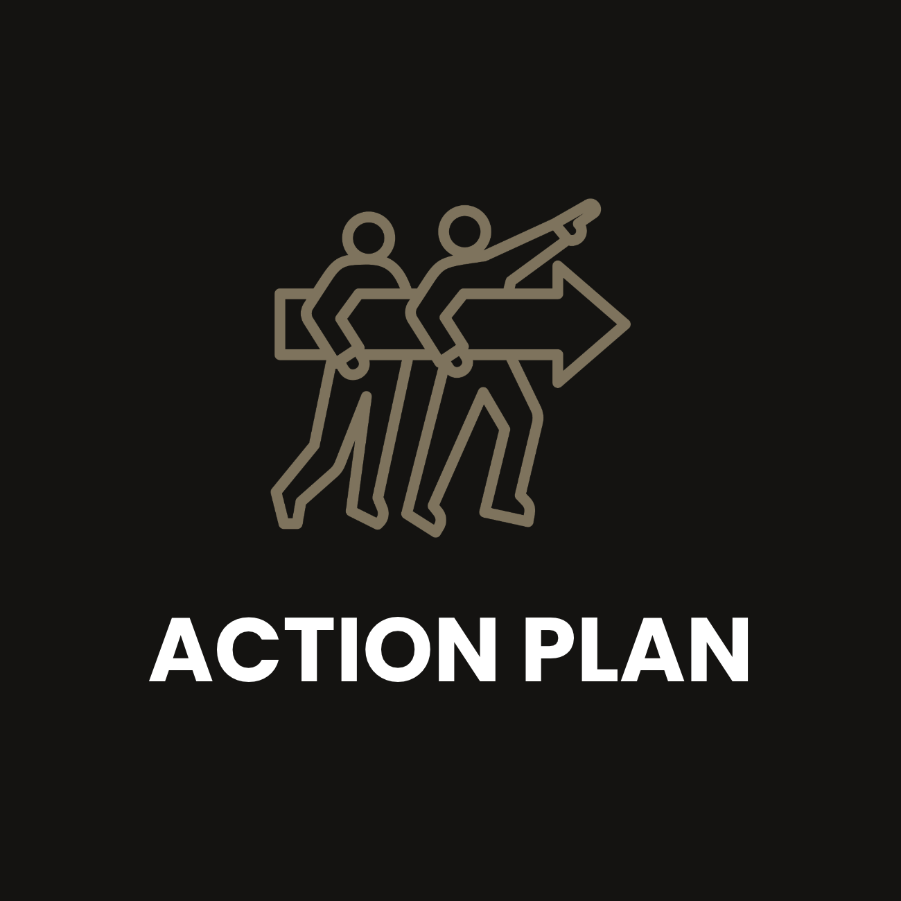 Icon of three people working together and pointing forward, with an arrow symbol, accompanied by the text 'ACTION PLAN'.