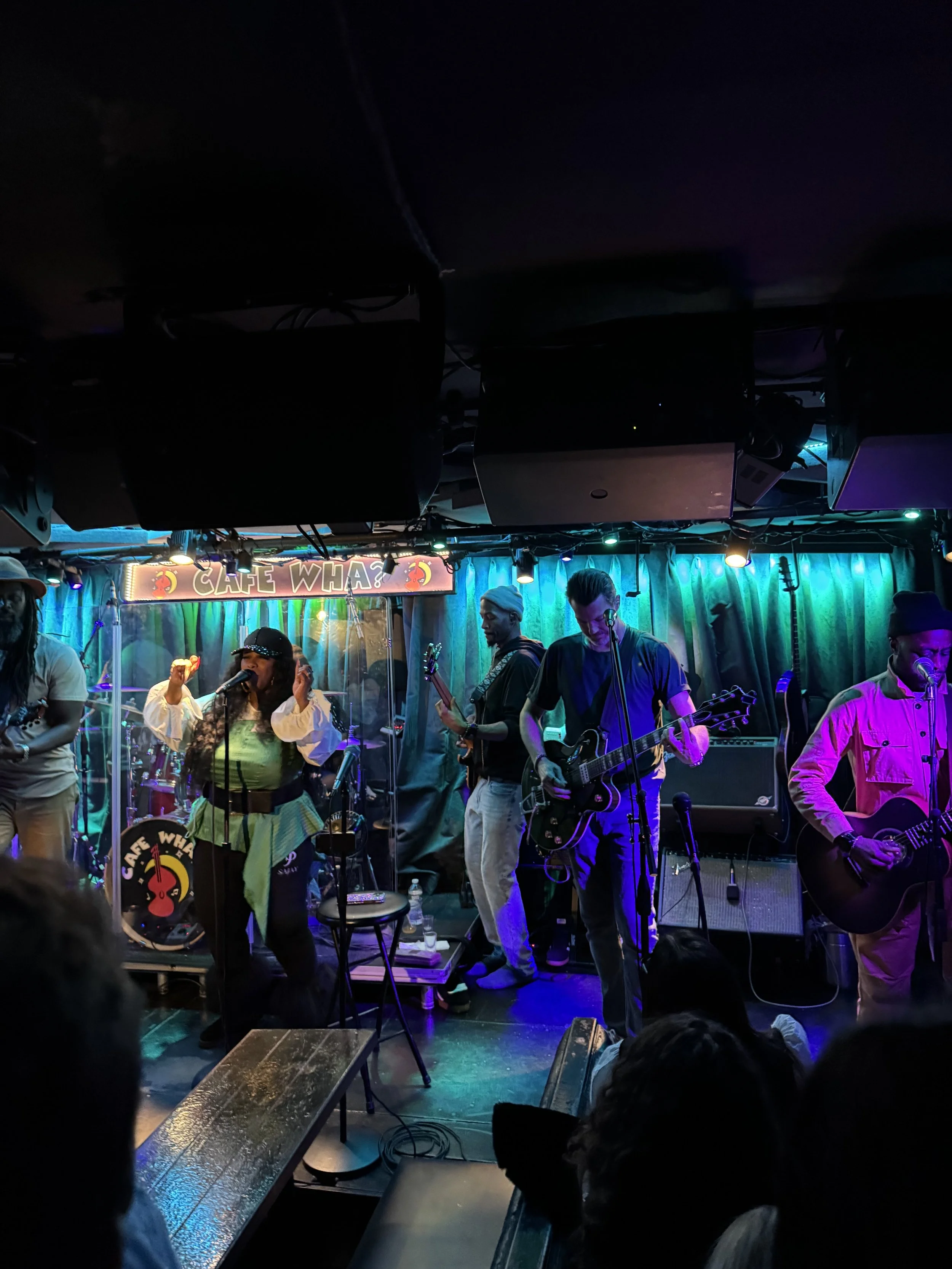 Live musical performance on stage with band members playing instruments and singing, illuminated with colorful stage lighting.