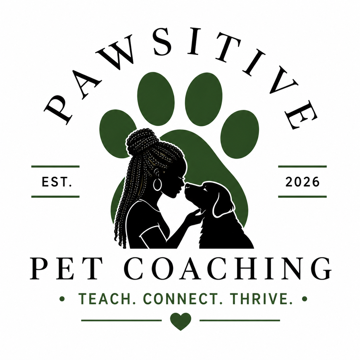 Logo for Pawsitive Pet Coaching featuring a woman and a dog with a green paw print background, established in 2026, with the tagline 'Teach. Connect. Thrive.'