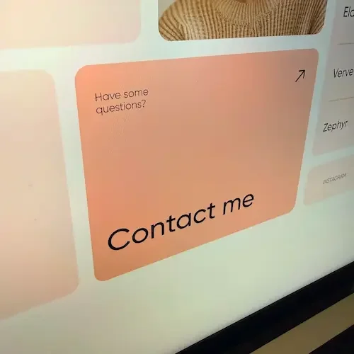 A digital interface with a pink box that says "Have some questions?" and a larger bold text below that reads "Contact me."