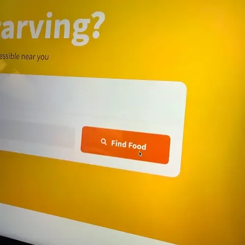 Part of a webpage with a yellow background and a white search bar containing an orange button labeled 'Find Food'.