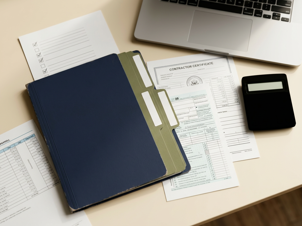 Desk with a laptop, a calculator, a folder with papers, a contractor certificate, a checklist, and a financial document.
