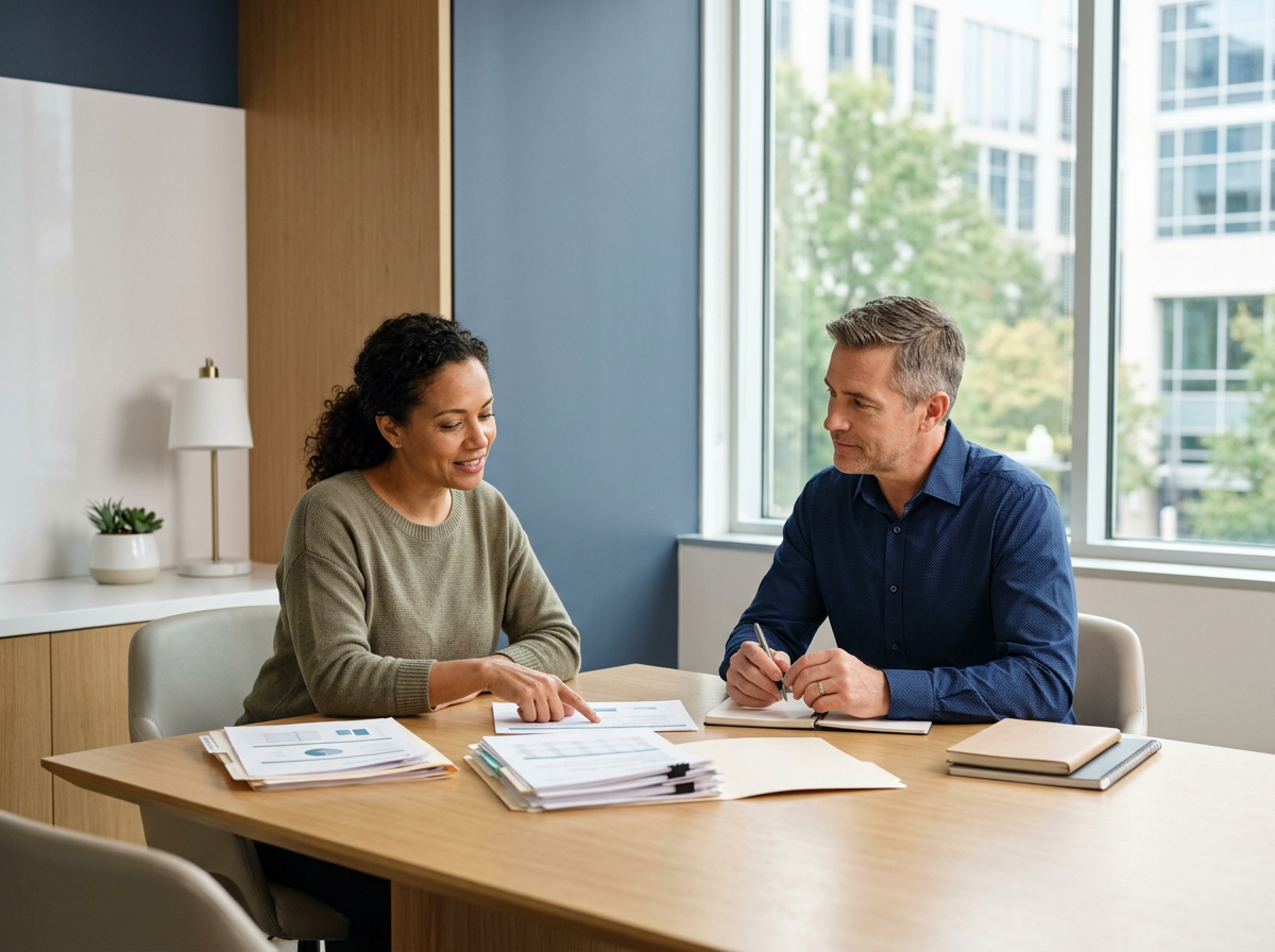 A woman and a man sitting at a desk in an office, discussing documents.