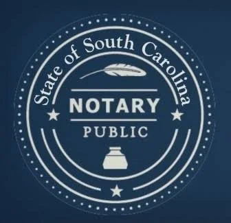Seal for the State of South Carolina Notary Public service, with a feather quill and a notary stamp icon.