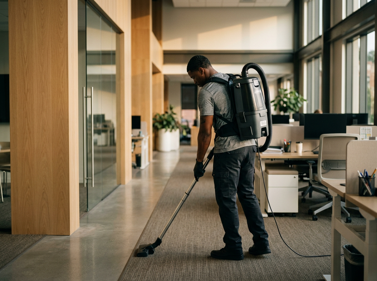 A man wearing casual clothes, gloves, and a backpack vacuum cleaner is cleaning the carpet in an office space with large windows and office desks.