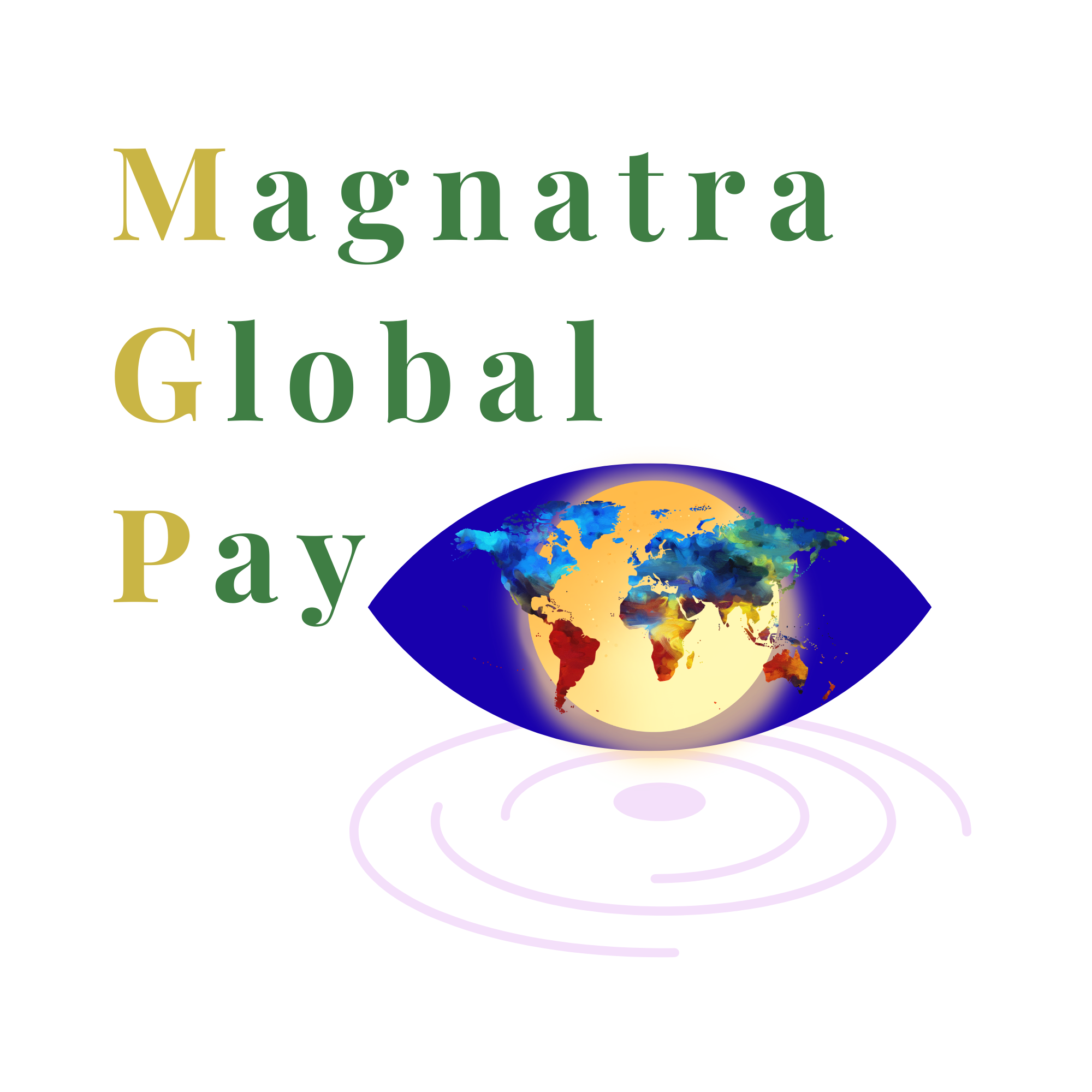 Colorful world map on a globe with the words 'Magatra Global Pay' written above
