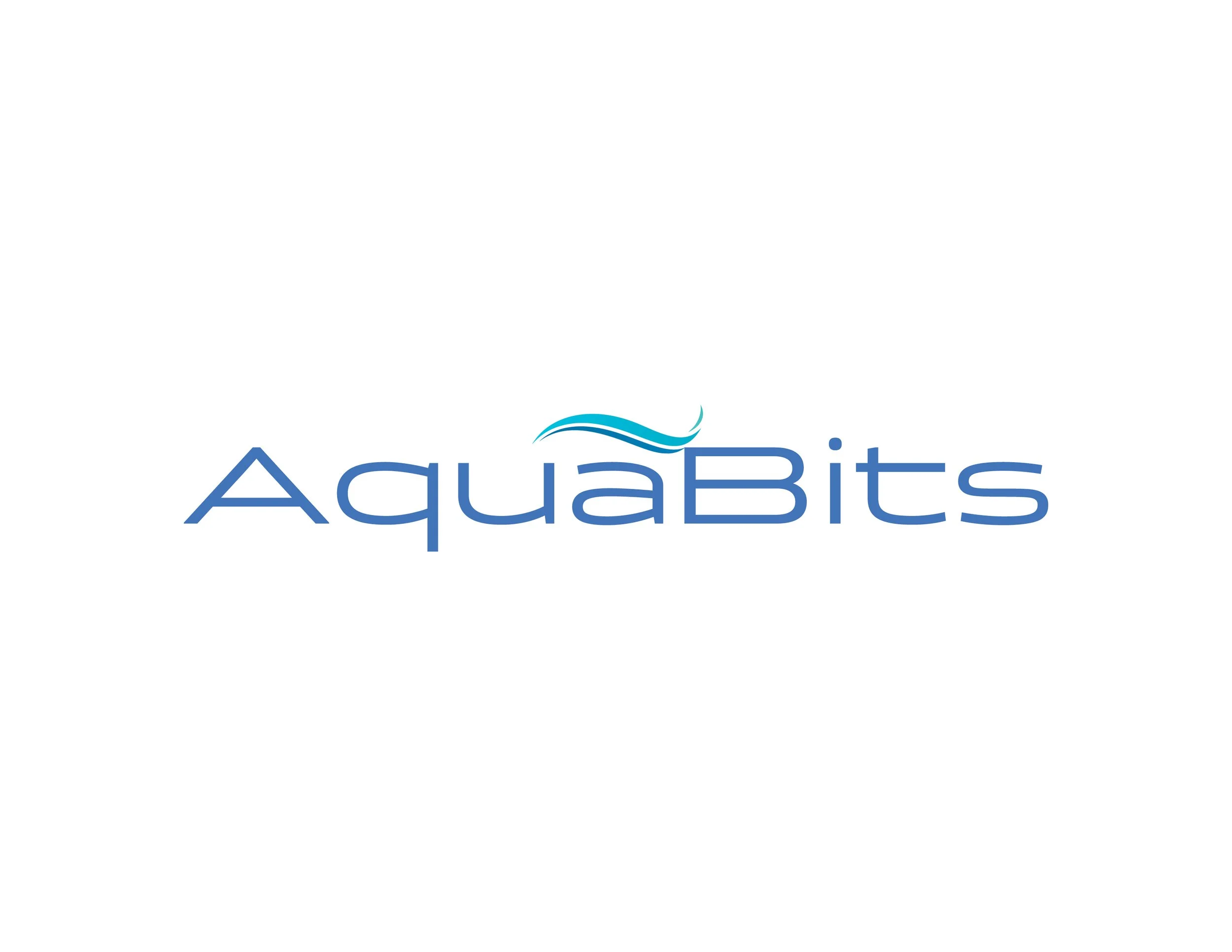 Logo of AquaBites with blue text and water wave graphic above the text.