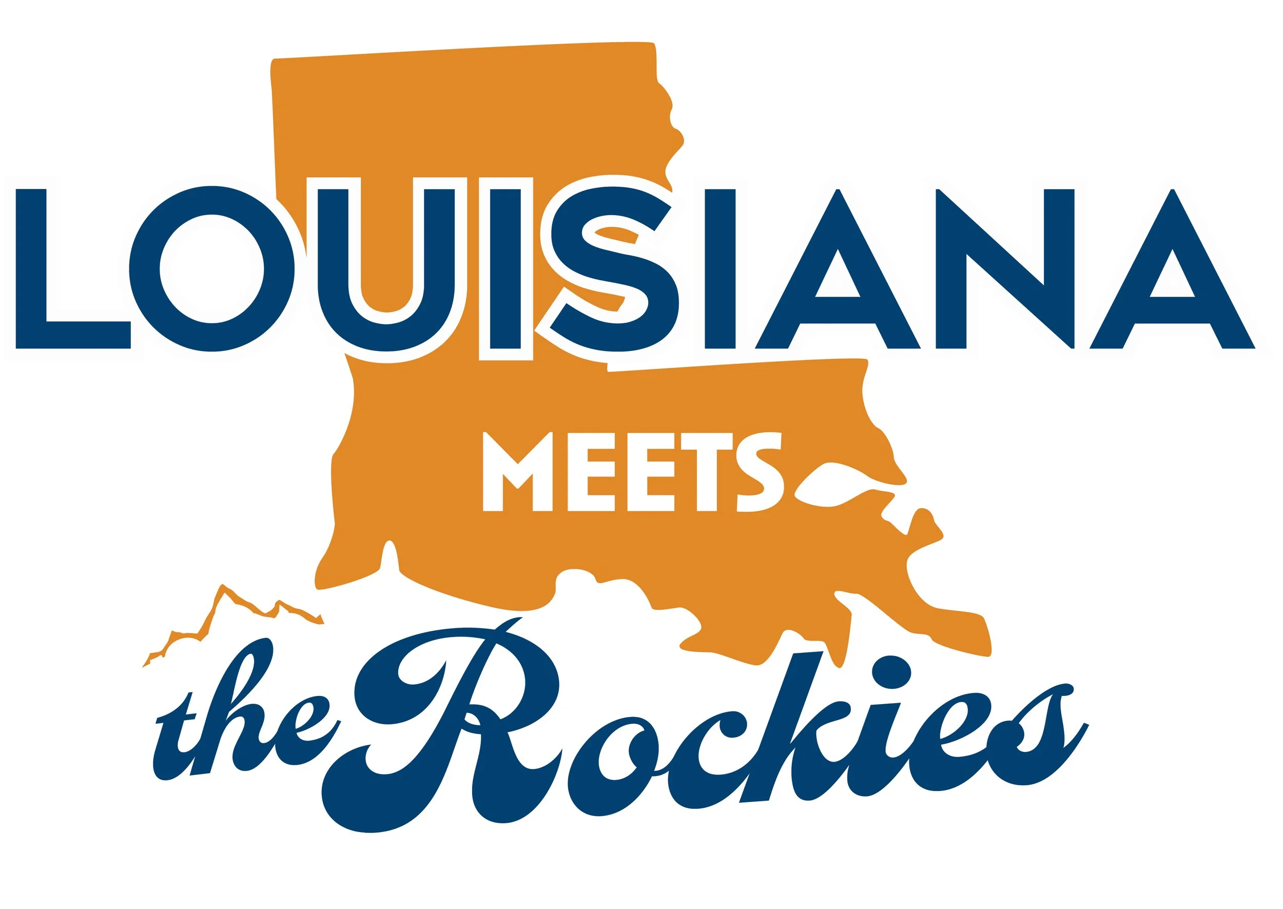 A graphic design showing the state of Louisiana in orange with the text 'Louisiana Meets the Rockies' overlaid in dark blue and white letters.