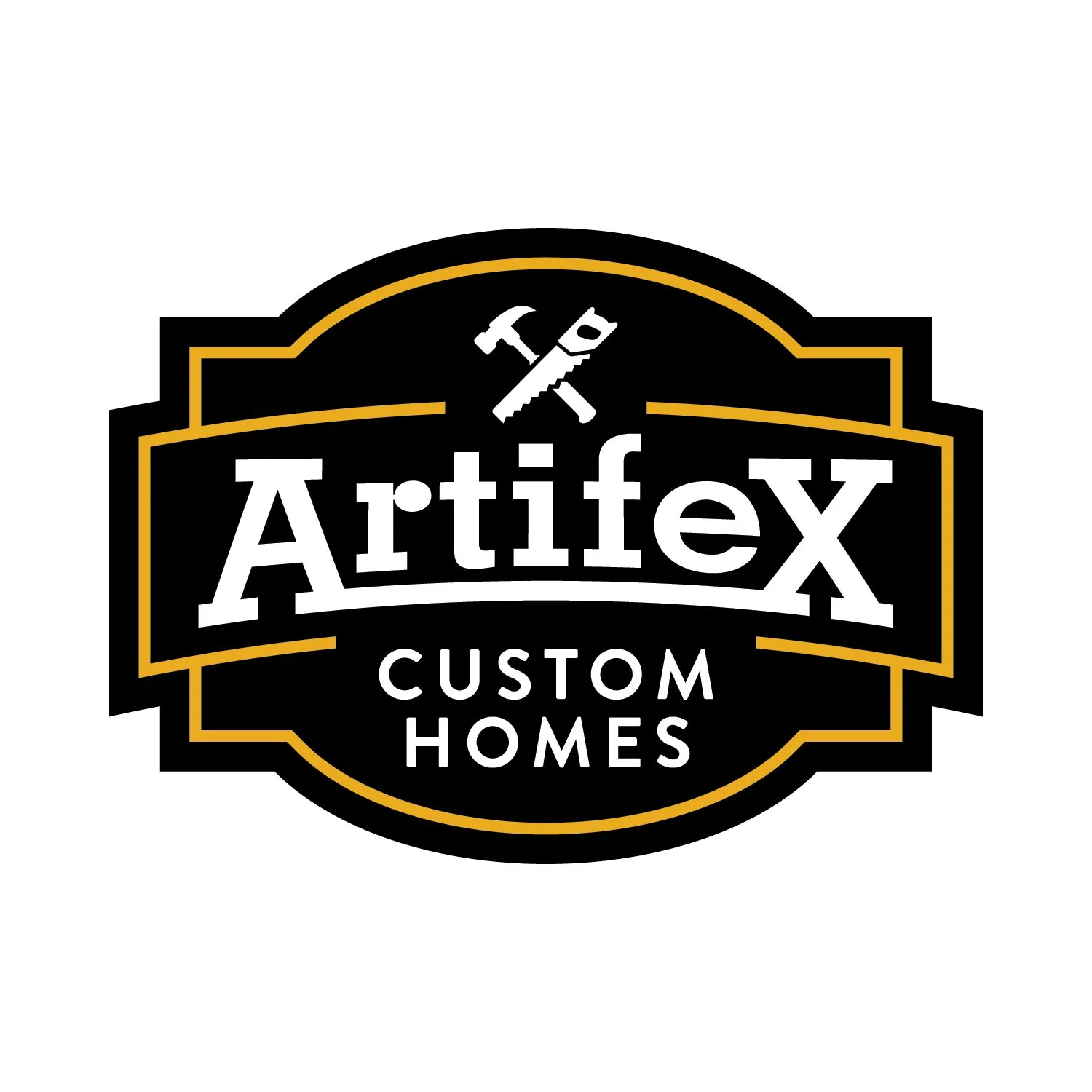 Logo for Artifex Custom Homes featuring a black background with white and gold accents, a hammer and saw graphic, and the text 'Artifex Custom Homes'
