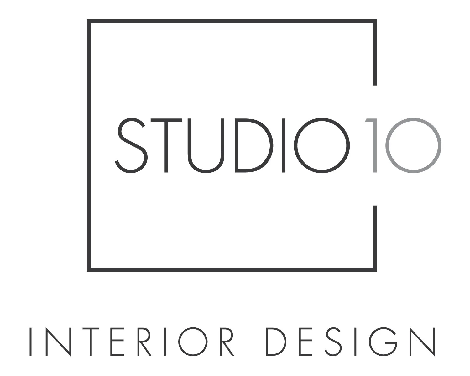 Logo for STUDIO 10 Interior Design, featuring the words "STUDIO 10" inside a black rectangular outline, with "INTERIOR DESIGN" written below.