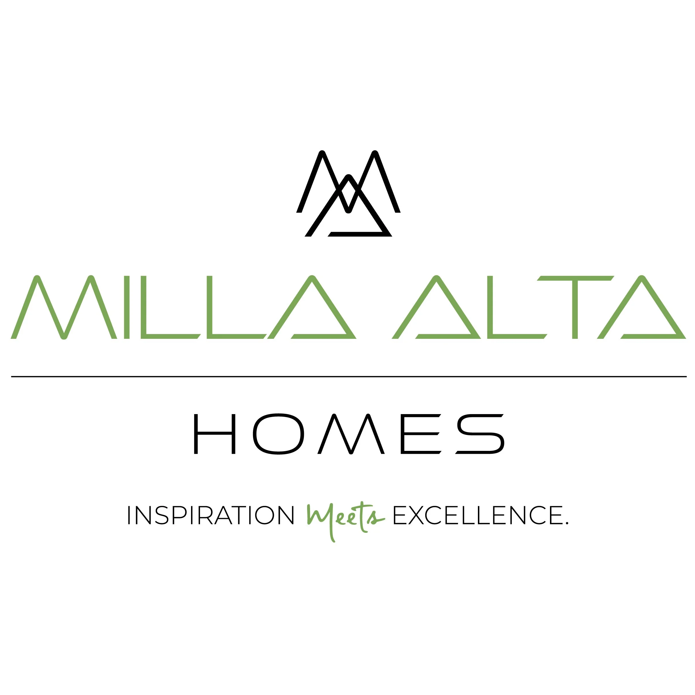 Text saying 'All Great Homes Inspire. Meets. Excellence.' with a logo featuring mountains above the text.
