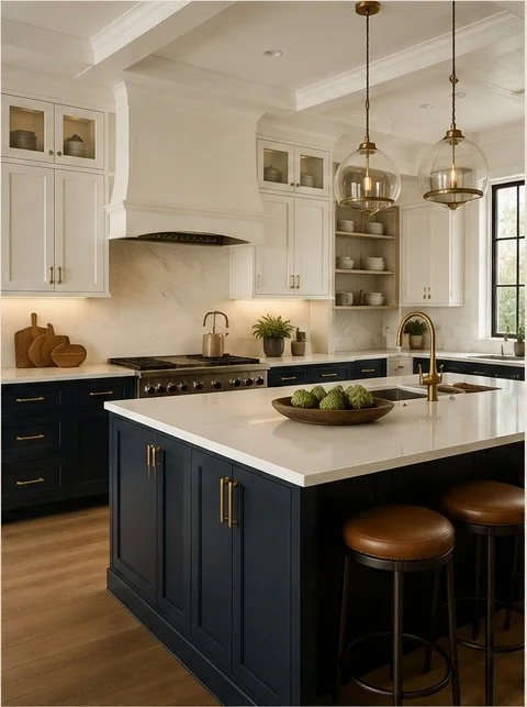 Custom kitchen with navy cabinetry, white countertops, brass accents, and contemporary pendant lighting