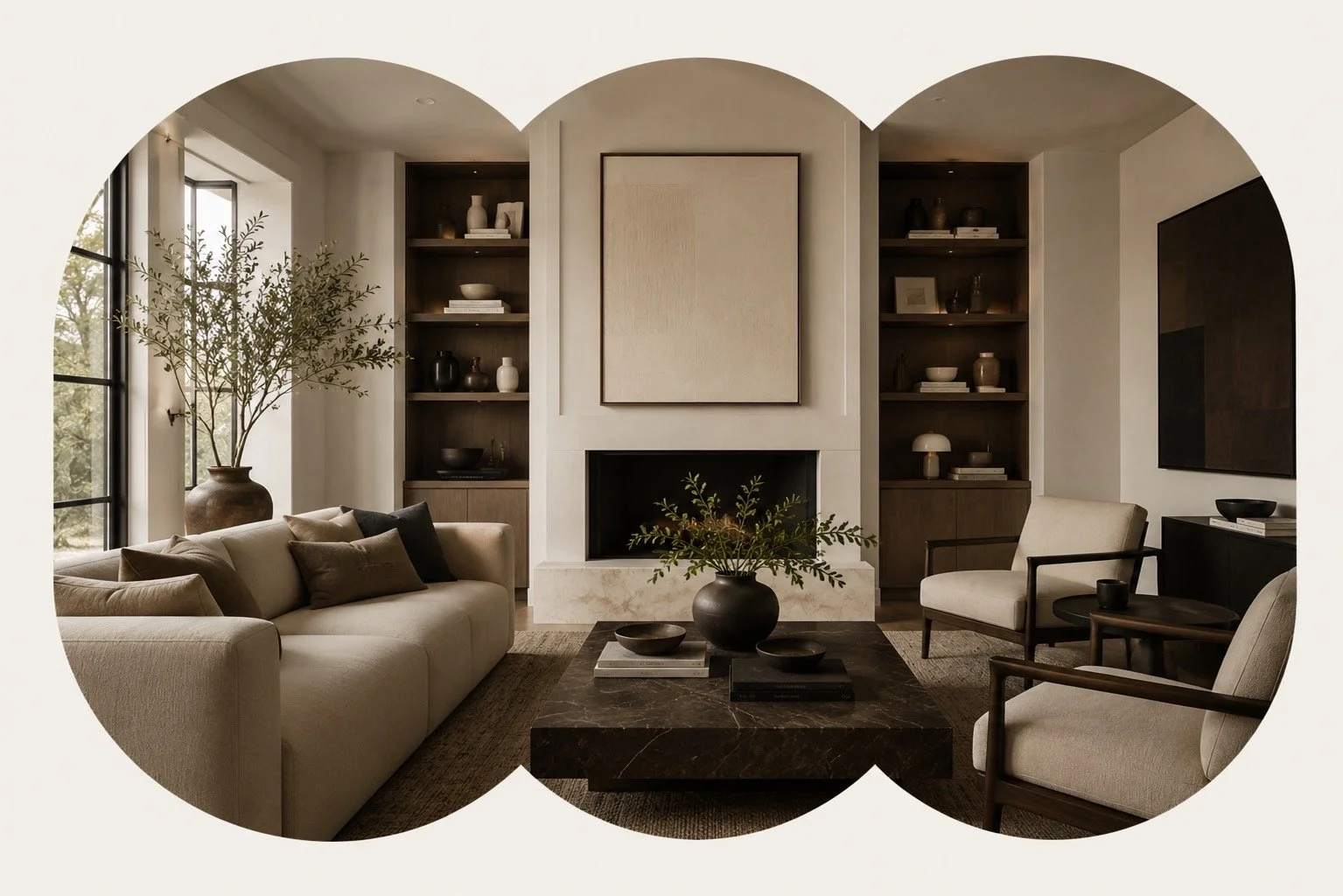 Elegant living room with custom built-ins, dark wood shelving, marble coffee table, and natural light