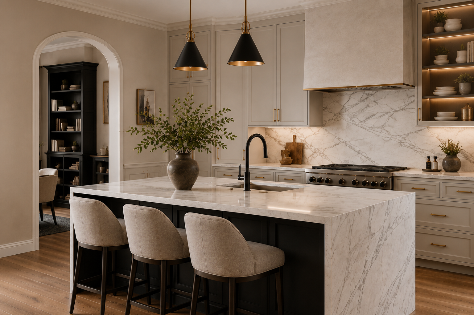 Luxury kitchen with custom cabinetry, marble countertops, brass hardware, and statement pendant lighting