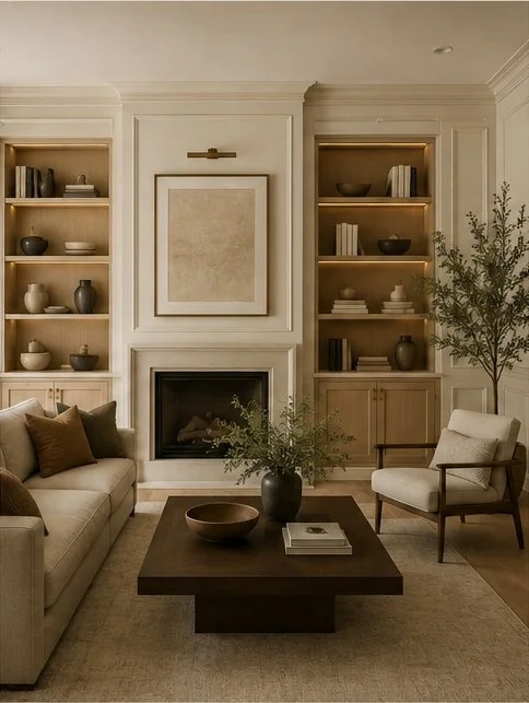 Living room with built-in white bookshelves, a fireplace, a beige sofa, a wooden coffee table with a black vase and books, and a white armchair on a beige rug. There's a framed artwork above the fireplace and a tall plant in the corner.
