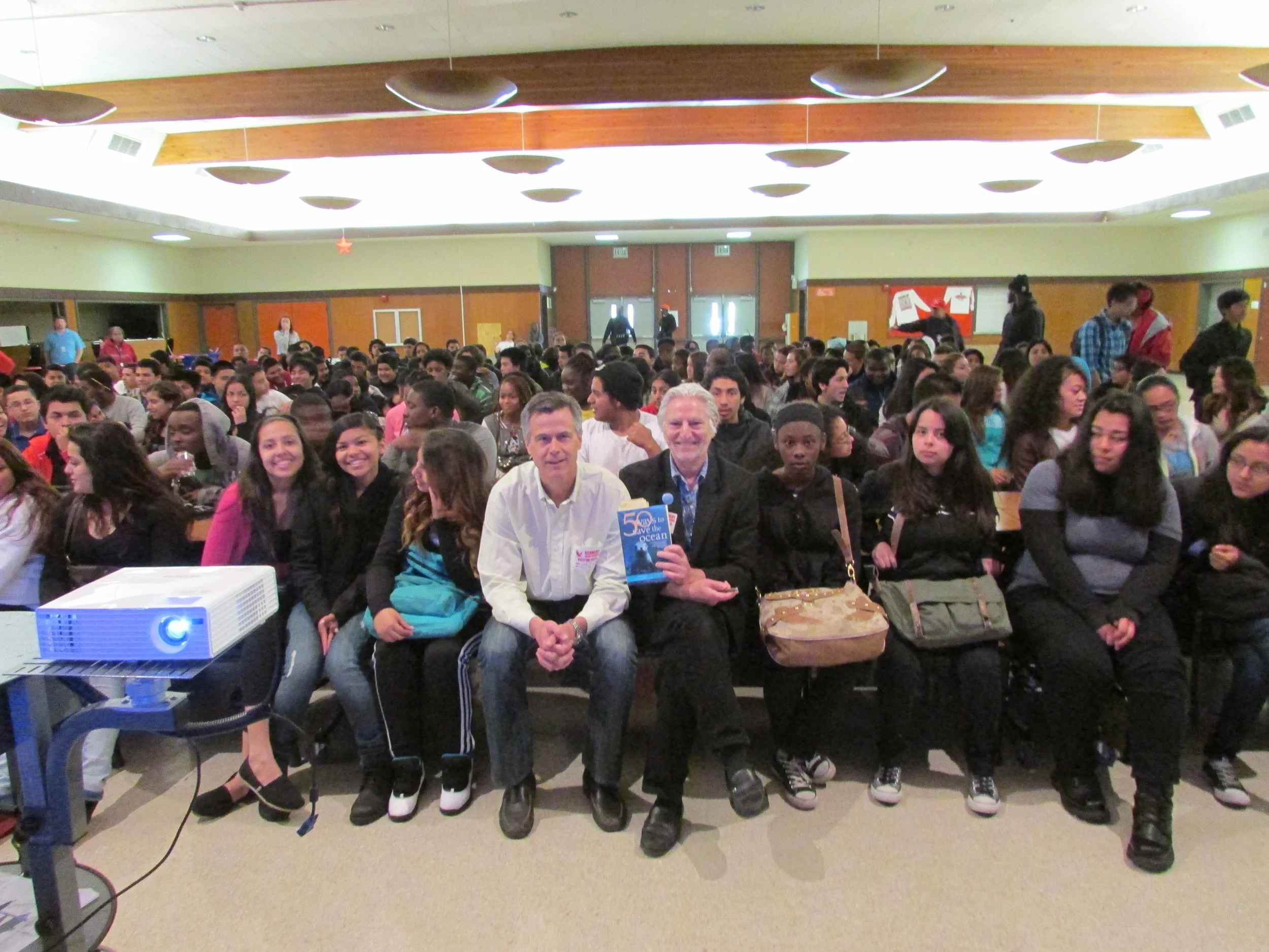 Sherman’s Lagoon Cartoonist Jim Toomey & David Helvarg with students at JFK HS in Richmond