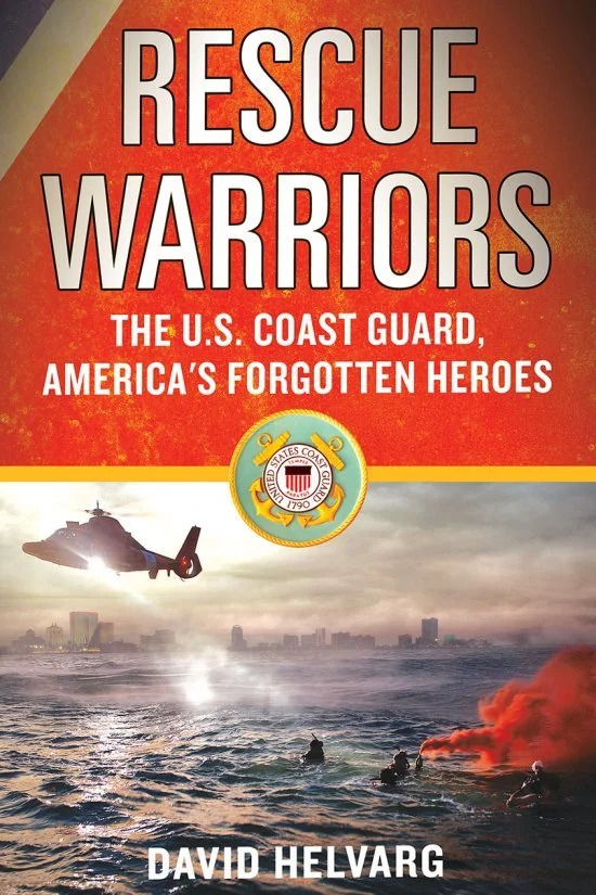 Book cover titled "Rescue Warriors" by David Helvarg, featuring U.S. Coast Guard rescue operations with a helicopter, a rescue boat with personnel, and a city skyline in the background.