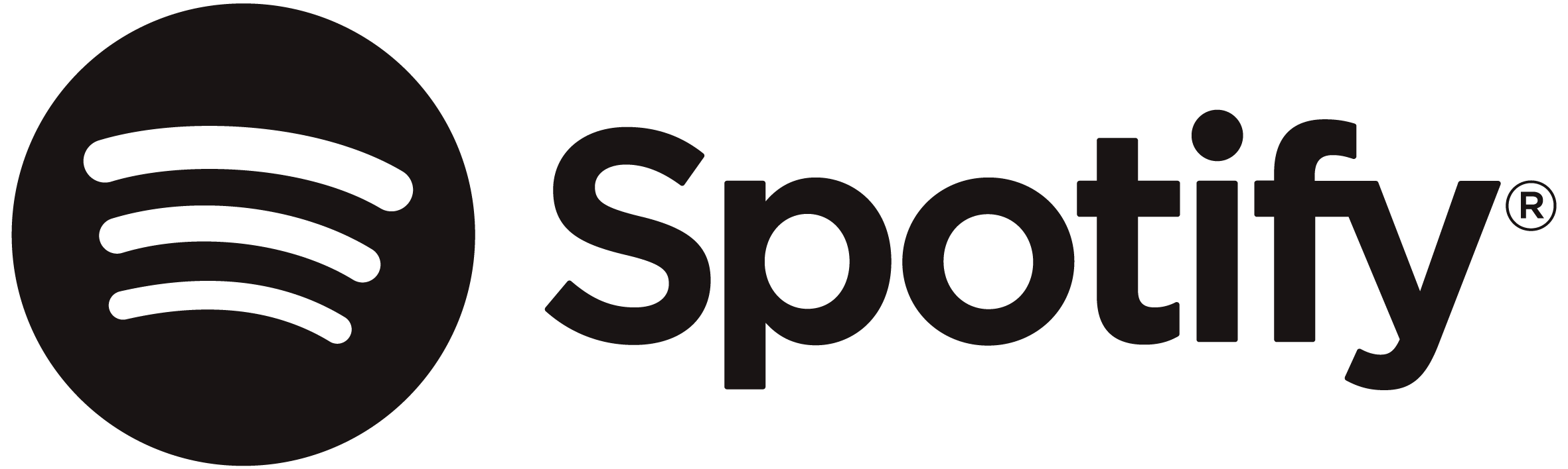 Spotify logo with black circle and lines inside and the word 'Spotify' in black letters.