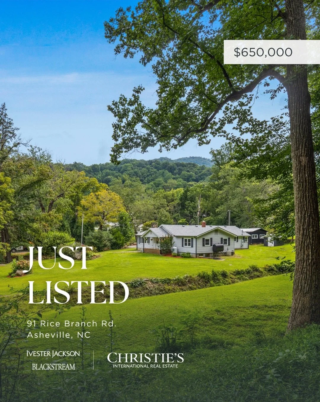 JUST LISTED
 91 Rice Branch Road
Asheville, NC Offered at $650,000

Tucked into sought-after Beaverdam Valley, this 4-bed, 2-bath home sits on nearly four acres of woods, two running streams, and close-range mountain views, all just minutes from down