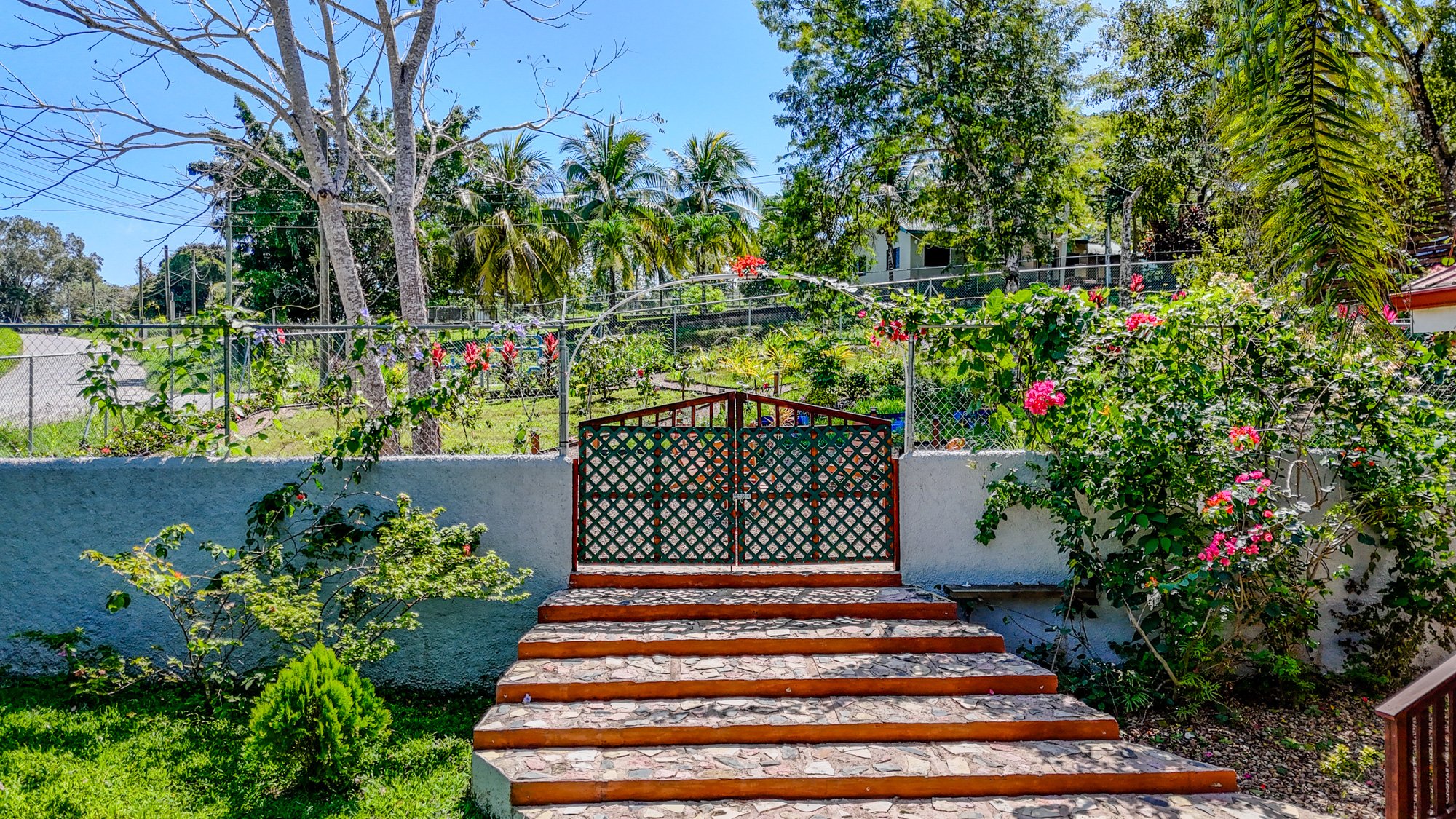 Landscaped tropical gardens with flowering plants and stone steps leading through the grounds of Cayo Mountain View Estate in Belize.