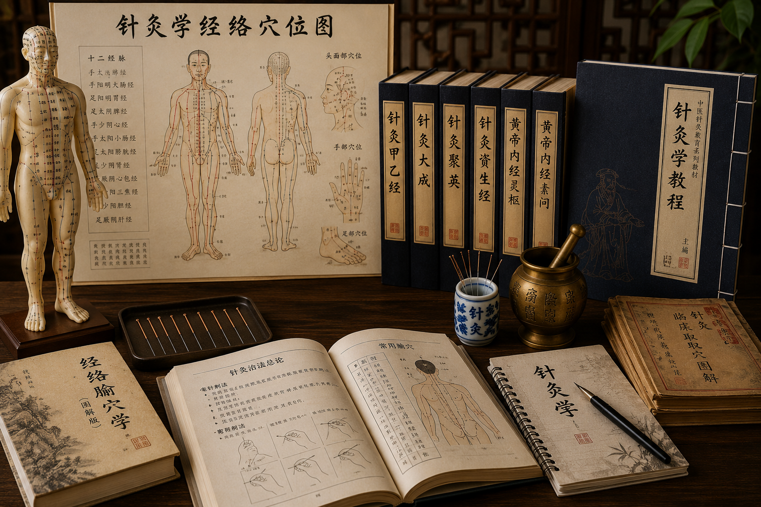 A traditional Chinese acupuncture setup with anatomical charts, acupuncture needles, books, and tools on a wooden table, including a model of the human body with acupuncture points marked.