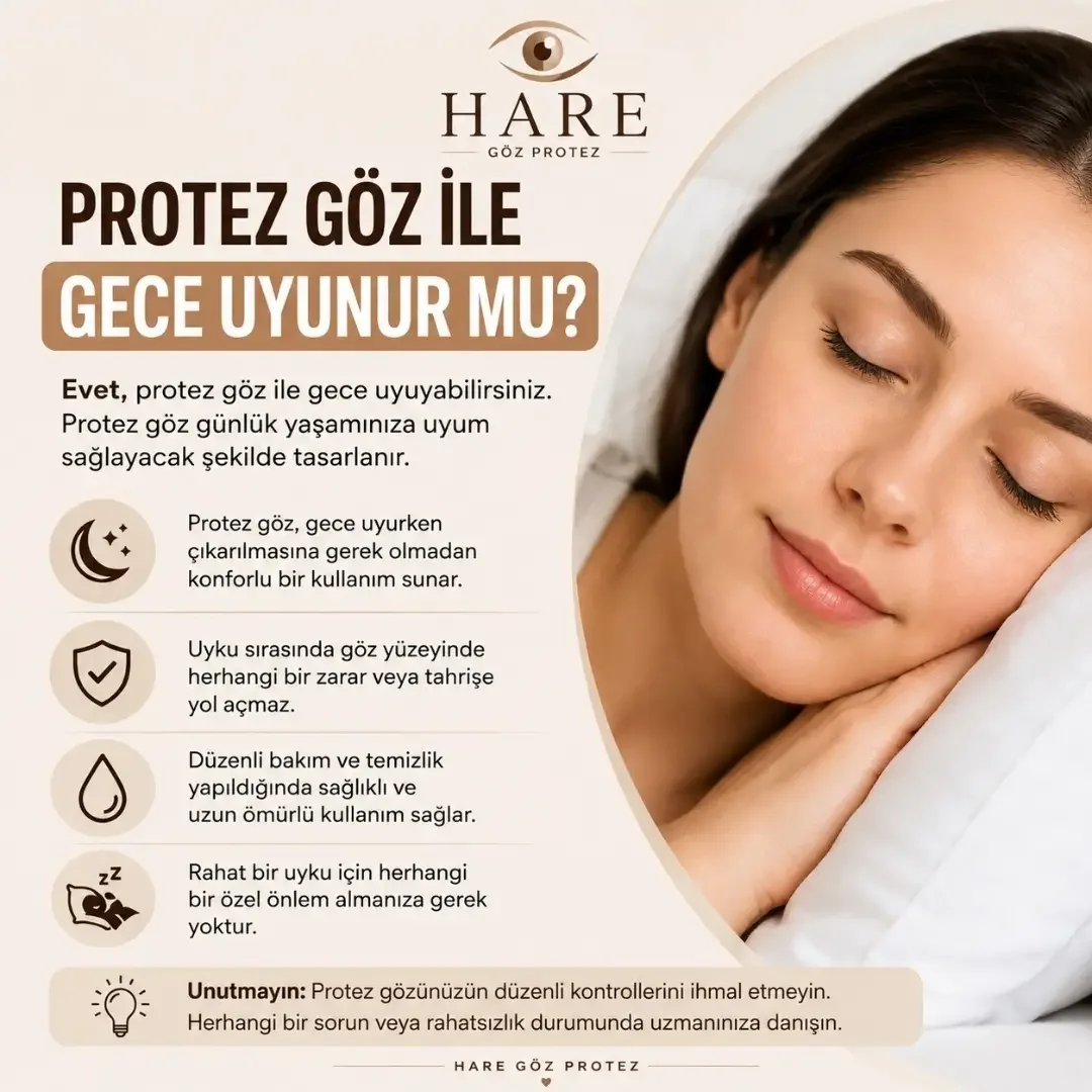 Göz protezi ürün tanıtımı. Bir kadın uyurken göz protezi kullanıyor. Yazıda göz protezi kullanmanın gece uyku düzenine uyum sağladığı, konforlu olduğu ve bakımını yapıldığında uzun ömürlü olduğu belirtiliyor.