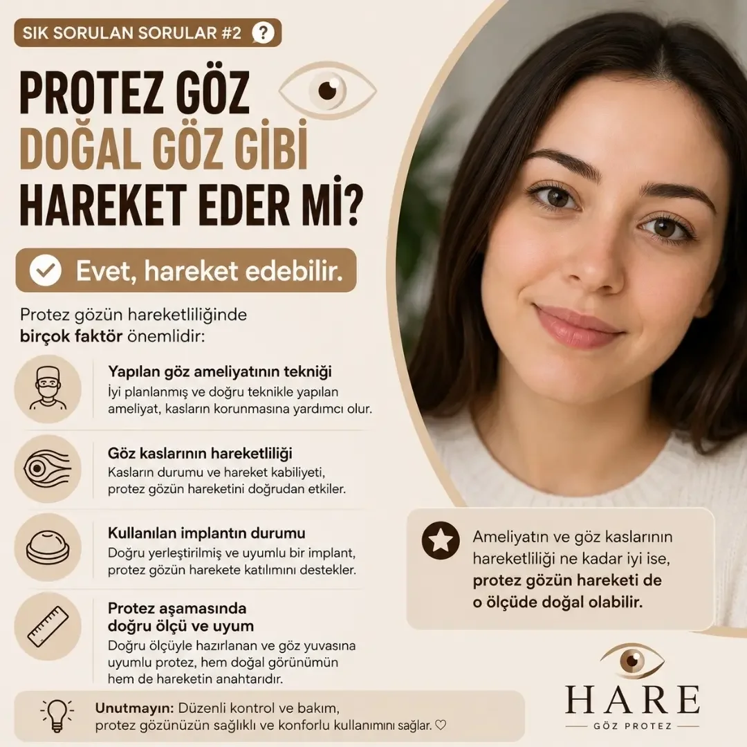 Göz protezleri hakkında bilgi veren görsel. Sağda kadın yüzü, solda ise göz protezlerinin hareketlilik ve kullanım bilgileri yer alıyor.
