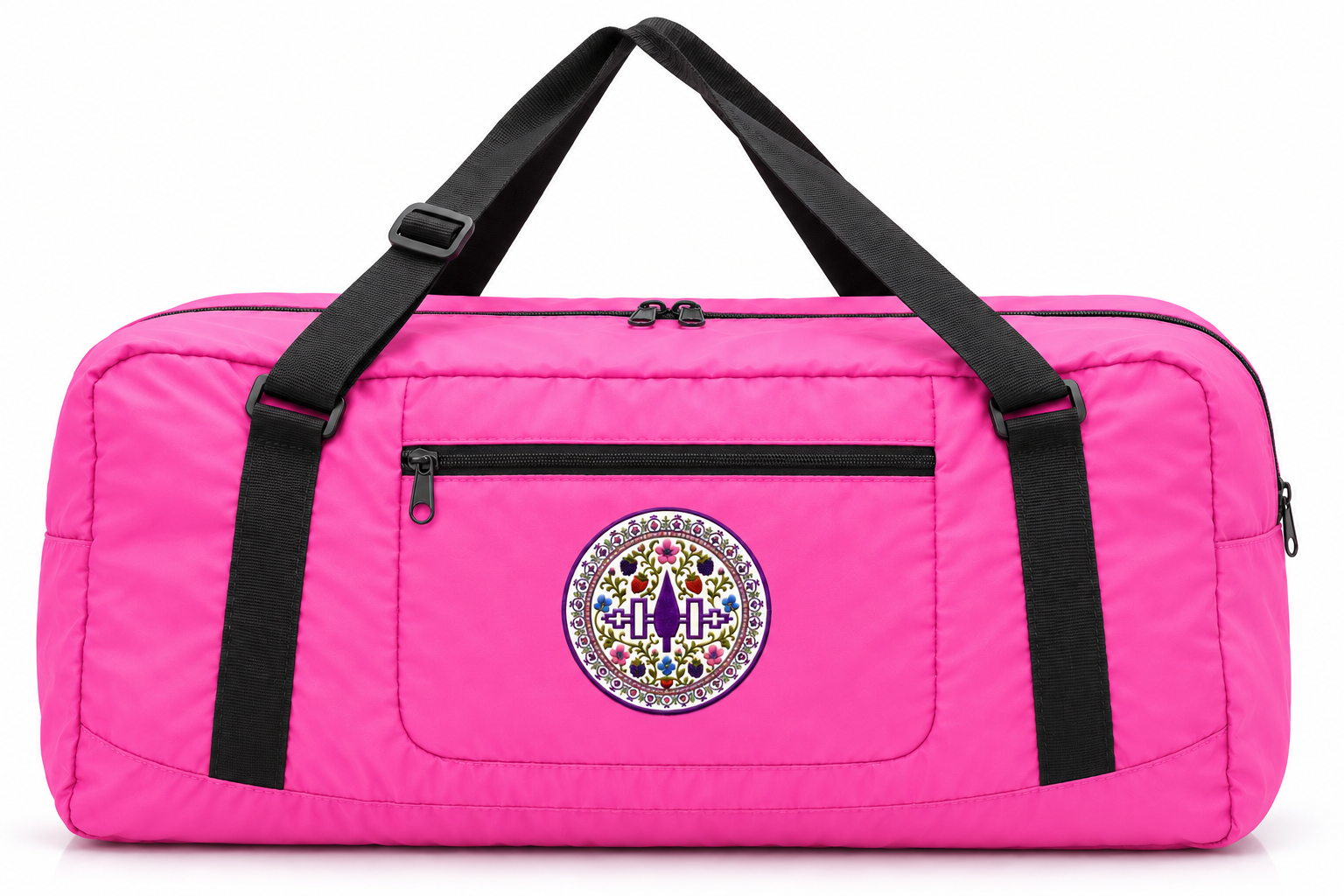 Bright pink duffel bag with emblem.png