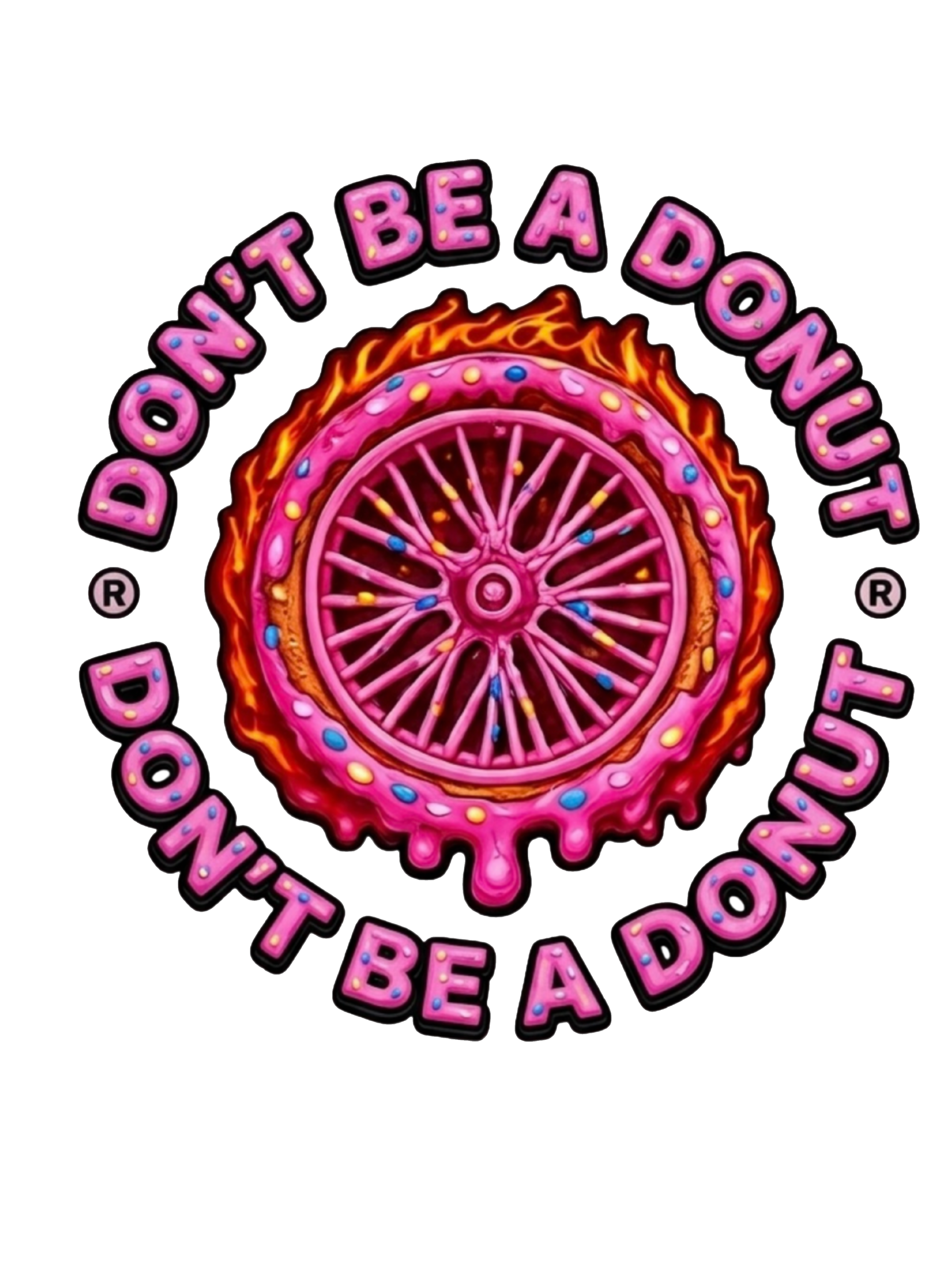 Neon sign with the phrase 'Dont Be A Donut' in pink letters with colored dots, featuring a pink donut with a flaming ring and pink glaze with colorful sprinkles.