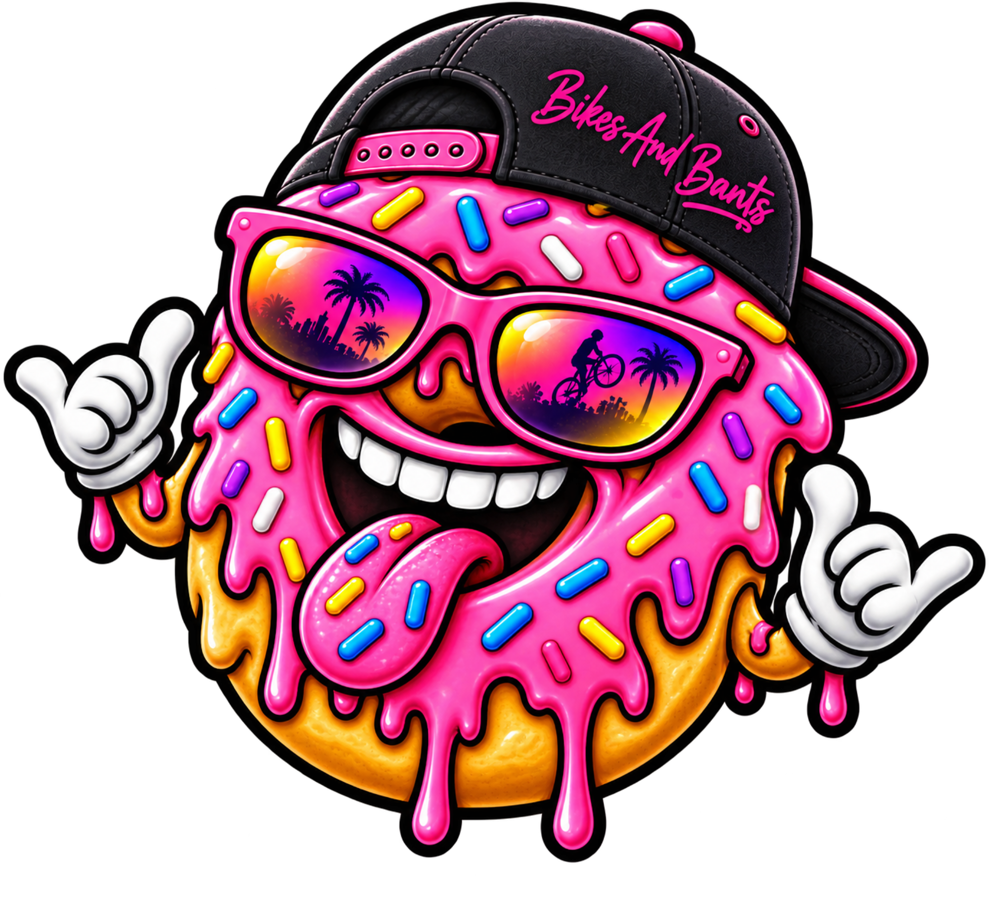 A neon illustration of a pink donut with sprinkles, wearing sunglasses reflecting a sunset scene with palm trees and a silhouette of a person biking, and a black cap with the text "Bikes And Bants" in pink.