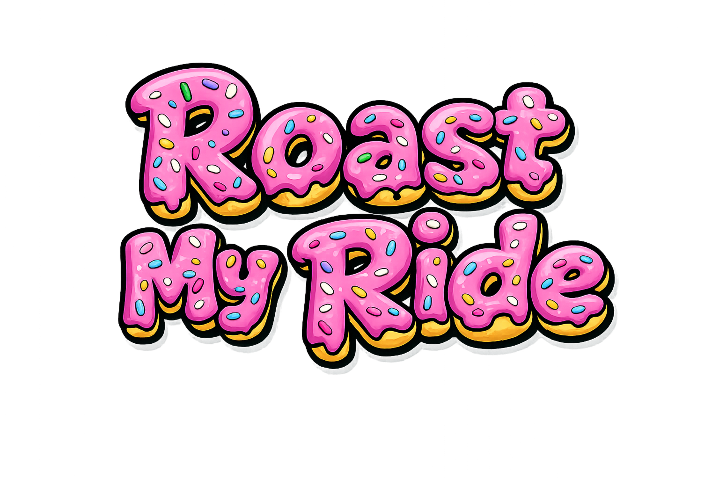 Colorful text that reads 'Roast My Ribs' in a playful font with a pink icing appearance, sprinkles, and a yellow outline on a black background.