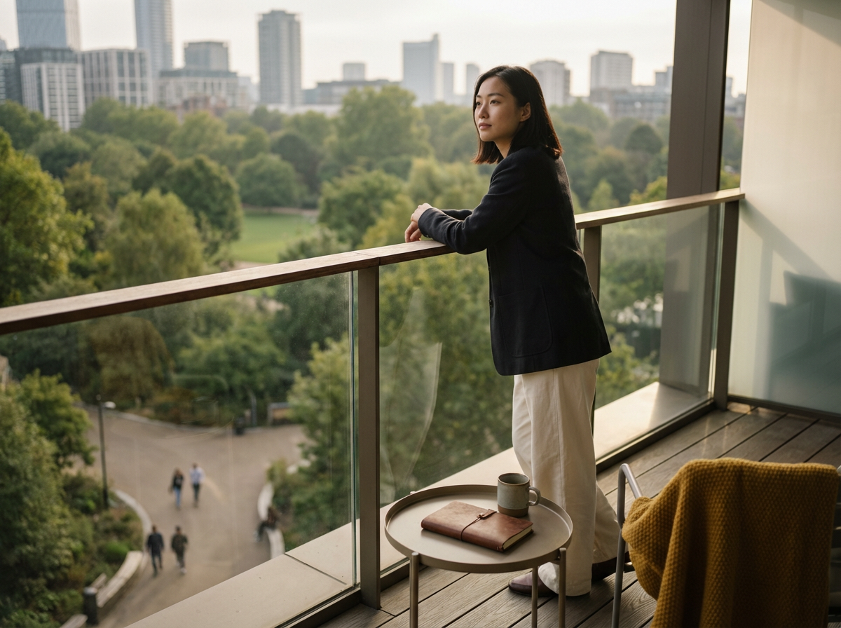 A woman standing on a balcony, looking at the city skyline and greenery, with a small table holding a notebook and a mug nearby.