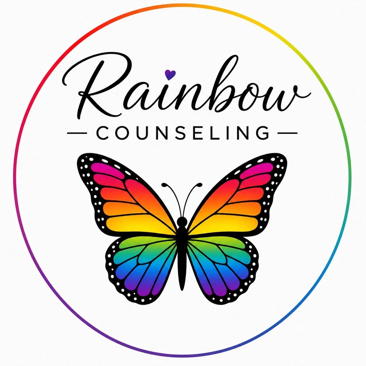 Logo for Rainbow Counseling featuring a colorful butterfly and rainbow circle border.